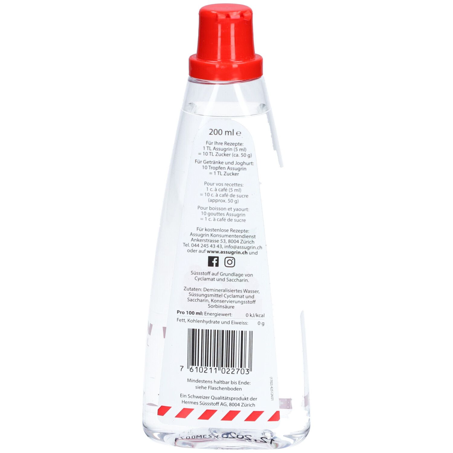 Transparente Flasche mit rotem Verschluss. Aufdruck mit Informationen und Barcode. Text: ASSUGRIN, 200 ml.
