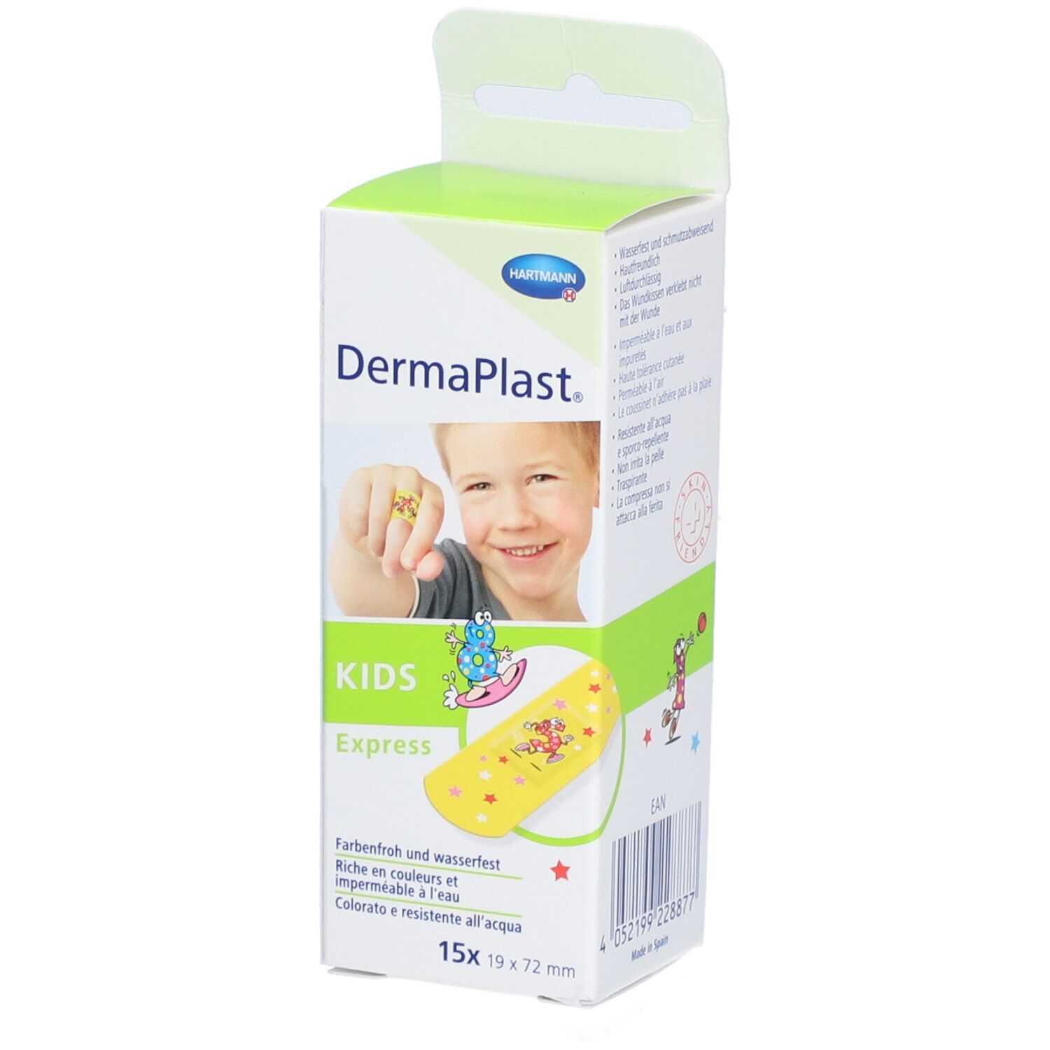 Verpackung von Dermaplast® Kids Express Pansements. Enthält 15 Pflaster, 19 x 72 mm. Kind zeigt Pflaster. Farbenfroh und wasserfest.