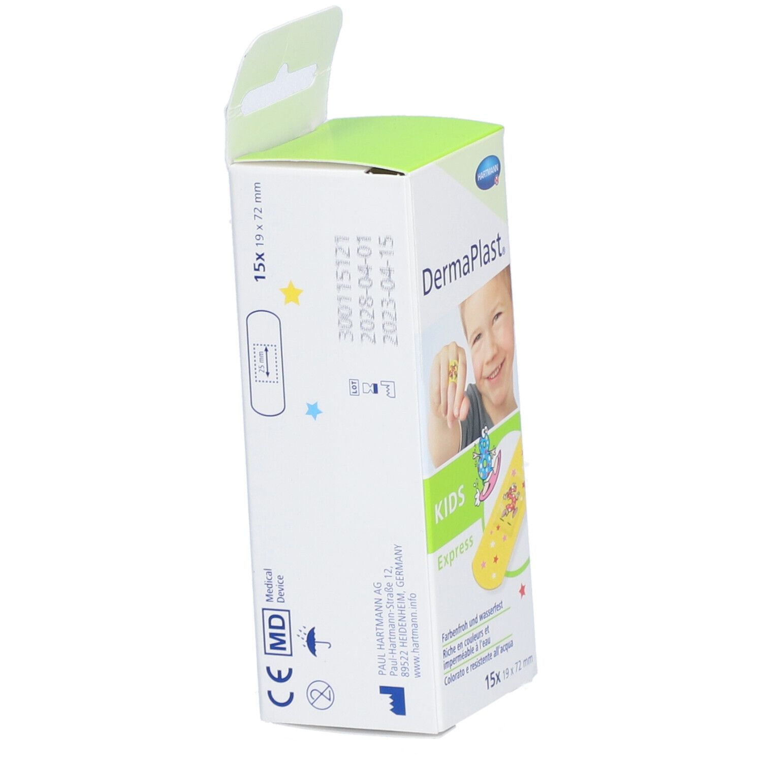 Rückseite der Dermaplast® Kids Express Verpackung. Enthält 15 Pflaster, 19 x 72 mm. Medizinprodukt. CE-Kennzeichnung. Haltbarkeitsdaten.
