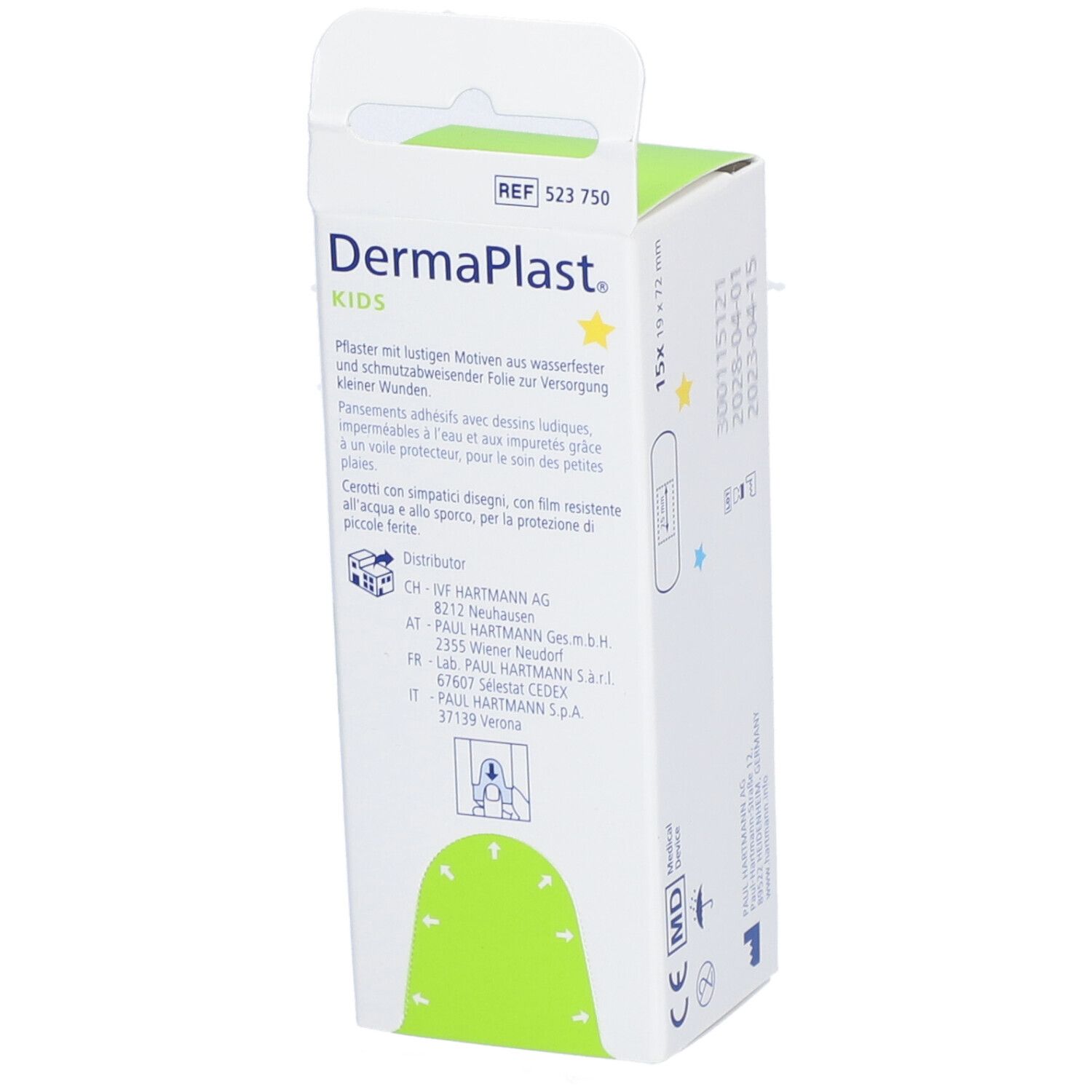Seite der Dermaplast® Kids Express Verpackung. Enthält 15 Pflaster, 19 x 72 mm. Herstellerinformationen. Medizinprodukt. CE-Kennzeichnung.