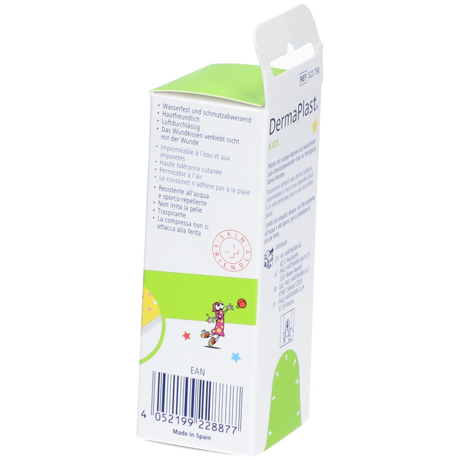 Seite der Dermaplast® Kids Express Verpackung. Enthält 15 Pflaster, 19 x 72 mm. Produktmerkmale. EAN-Code. Hergestellt in Spanien.