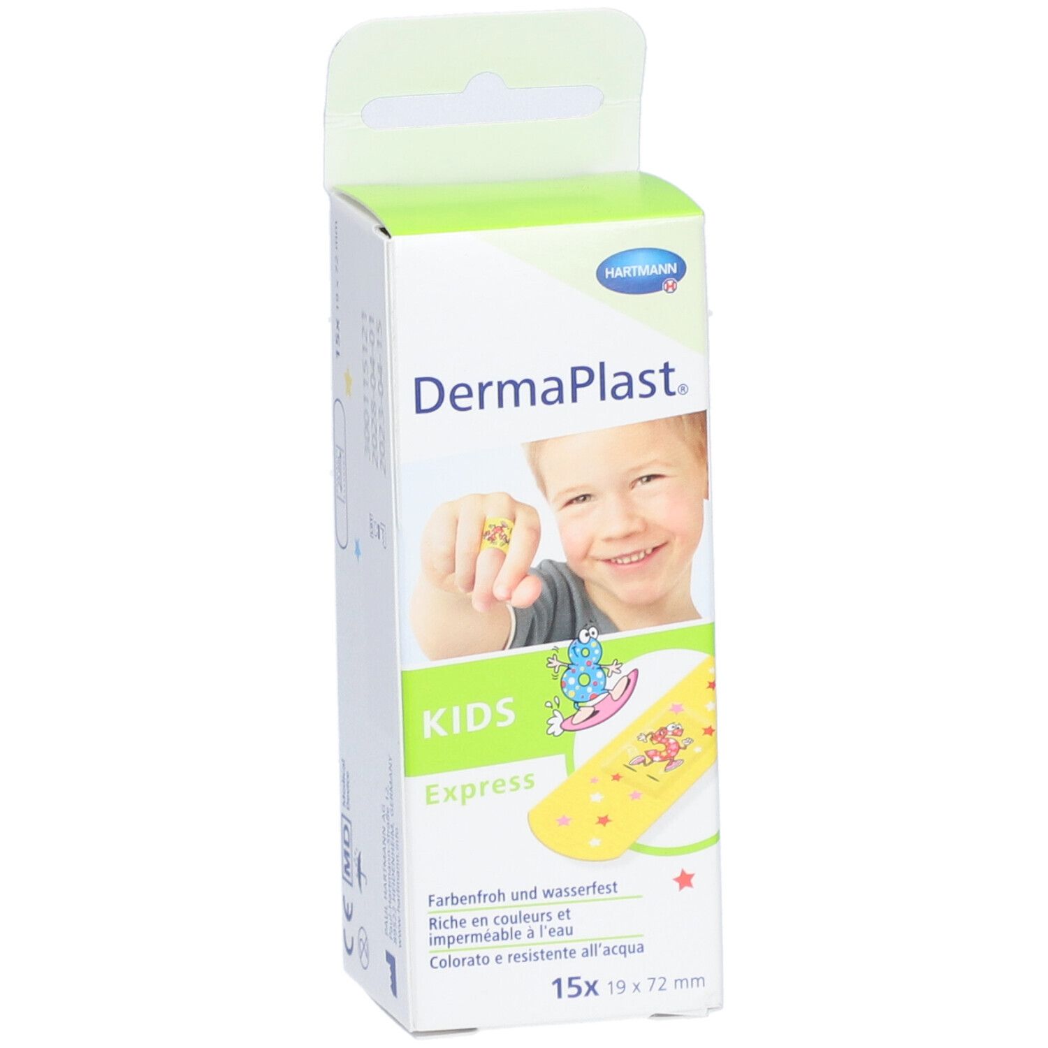 Vorderseite der Dermaplast® Kids Express Verpackung. Enthält 15 Pflaster, 19 x 72 mm. Kind zeigt Pflaster. Farbenfroh und wasserfest.