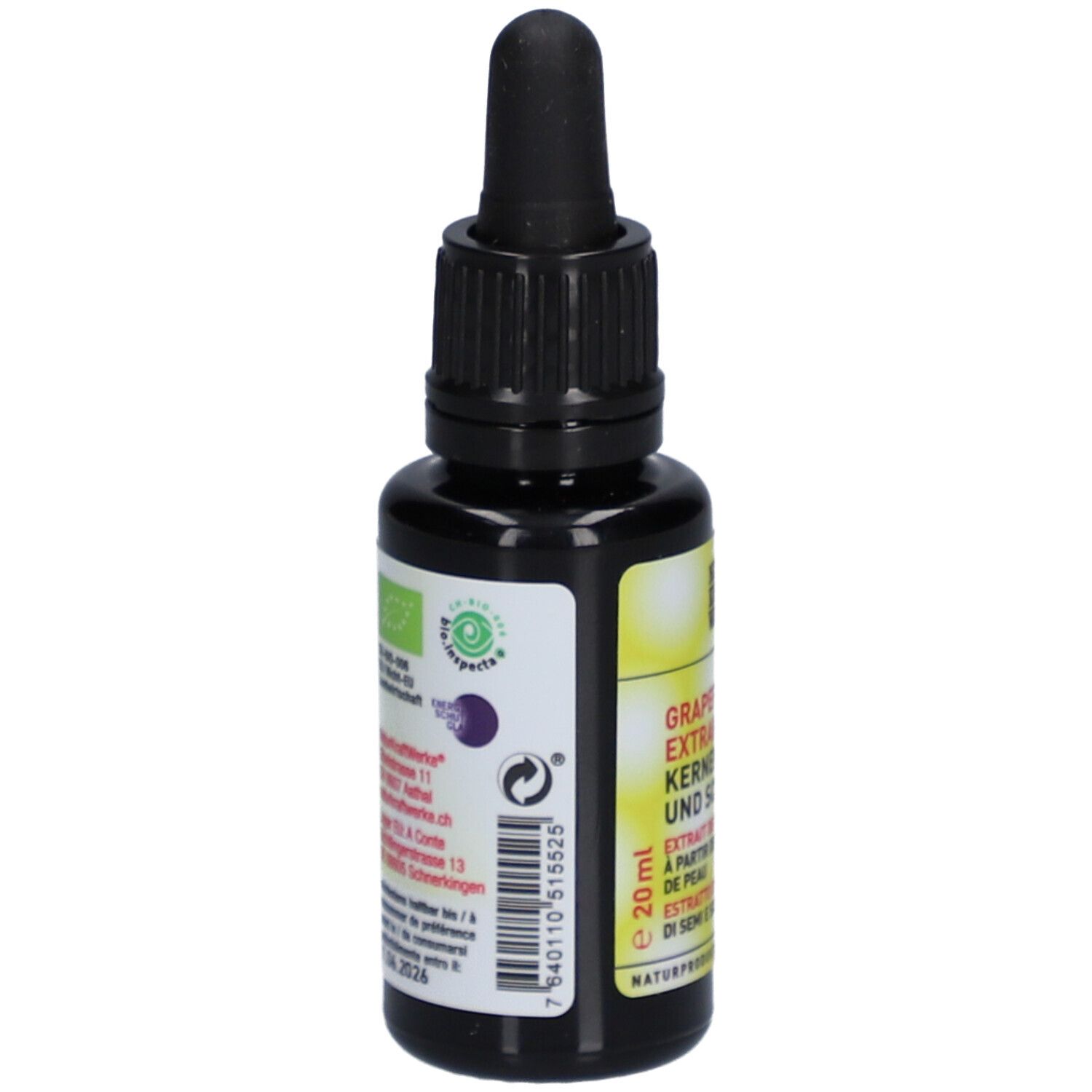 Flacon en verre brun avec bouchon noir et pipette. Étiquette avec texte, code-barres et label bio. 20 ml.