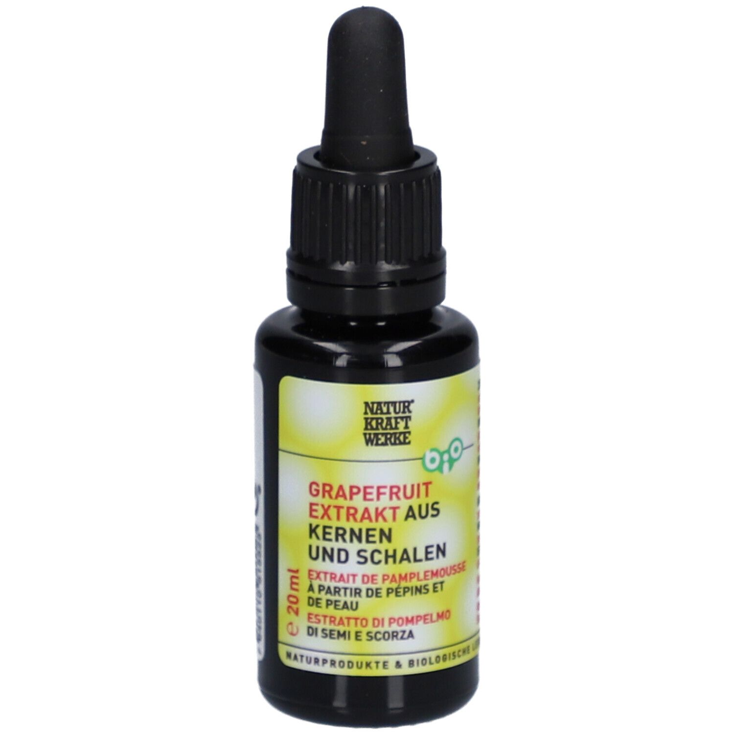 Flacon en verre brun avec bouchon noir et pipette. Étiquette jaune avec texte: Extrait de pépins et de peau de pamplemousse. 20 ml.