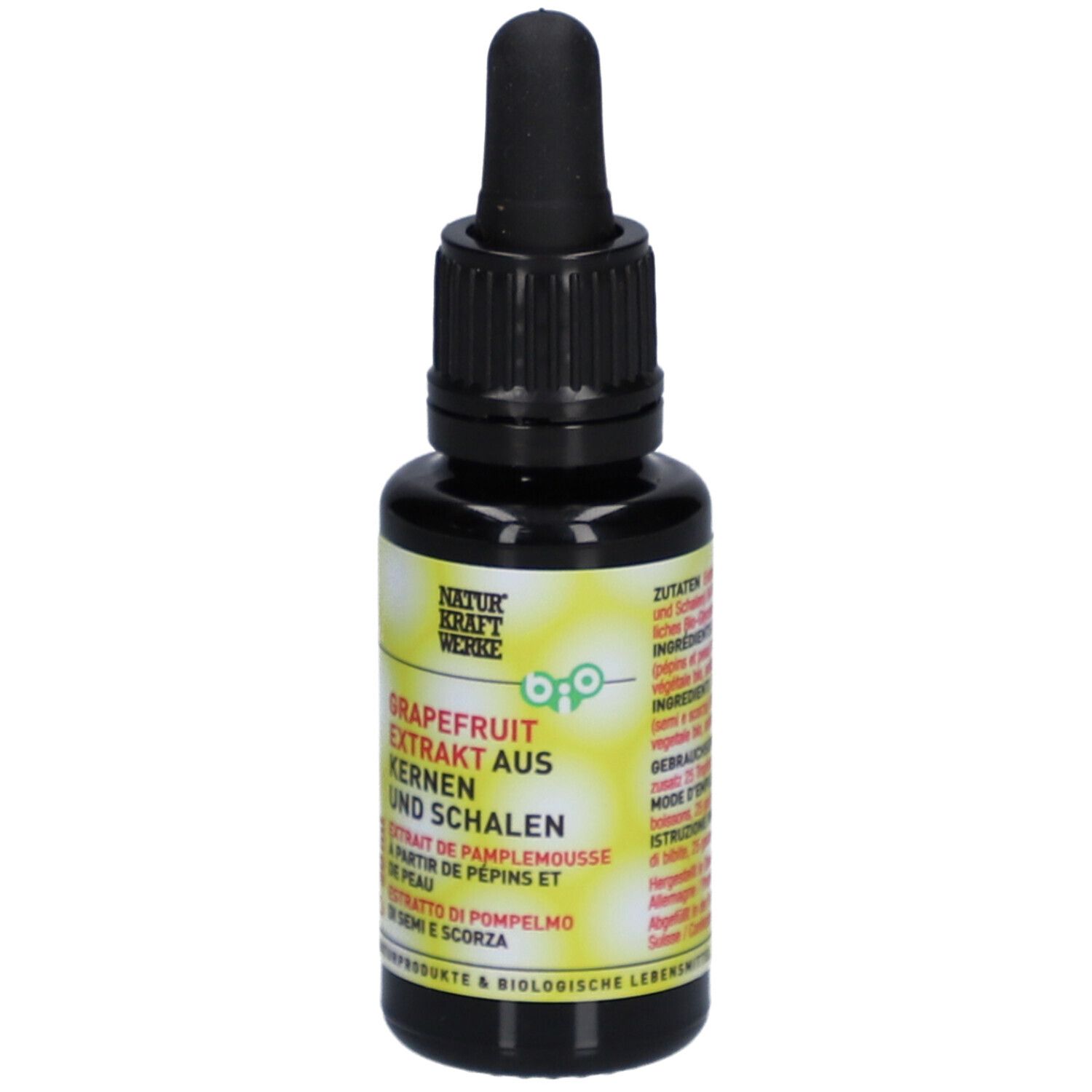 Flacon en verre brun avec bouchon noir et pipette. Étiquette jaune avec texte: Extrait de pépins et de peau de pamplemousse.
