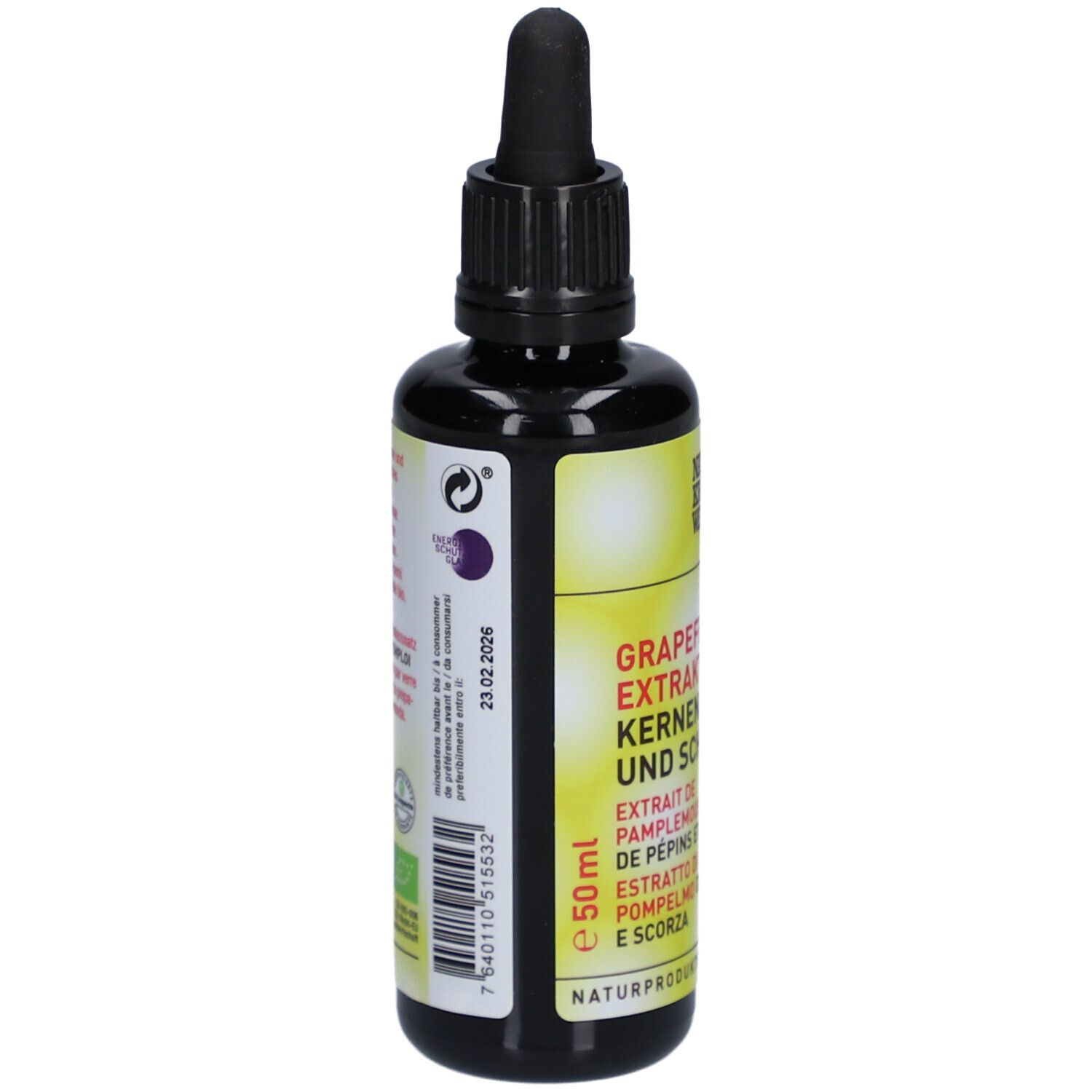 Braune Glasflasche mit schwarzem Deckel. Etikett mit Produktinformationen und Bio-Siegel.