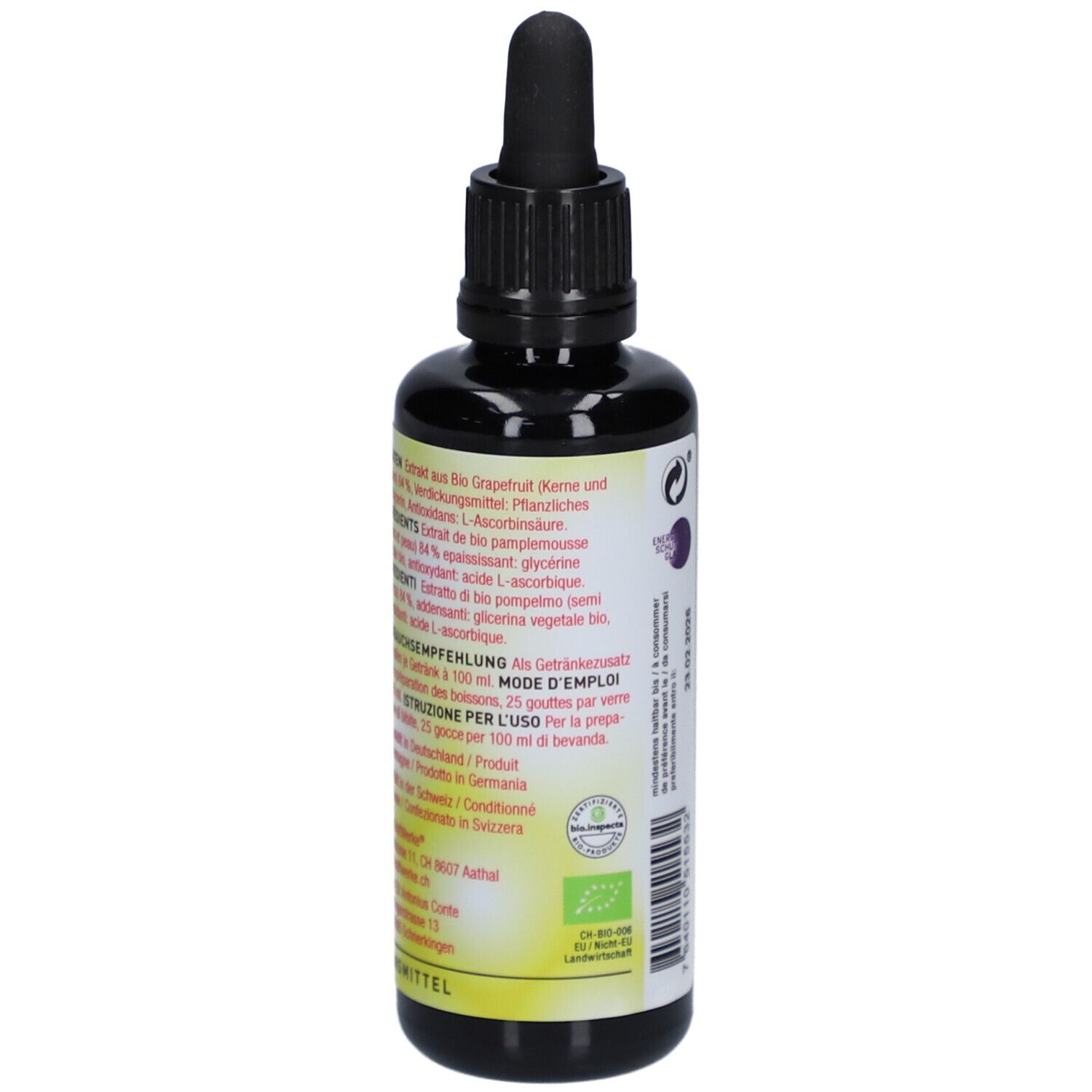 Braune Glasflasche mit schwarzem Deckel. Rückseite mit Produktinformationen und Bio-Siegel.