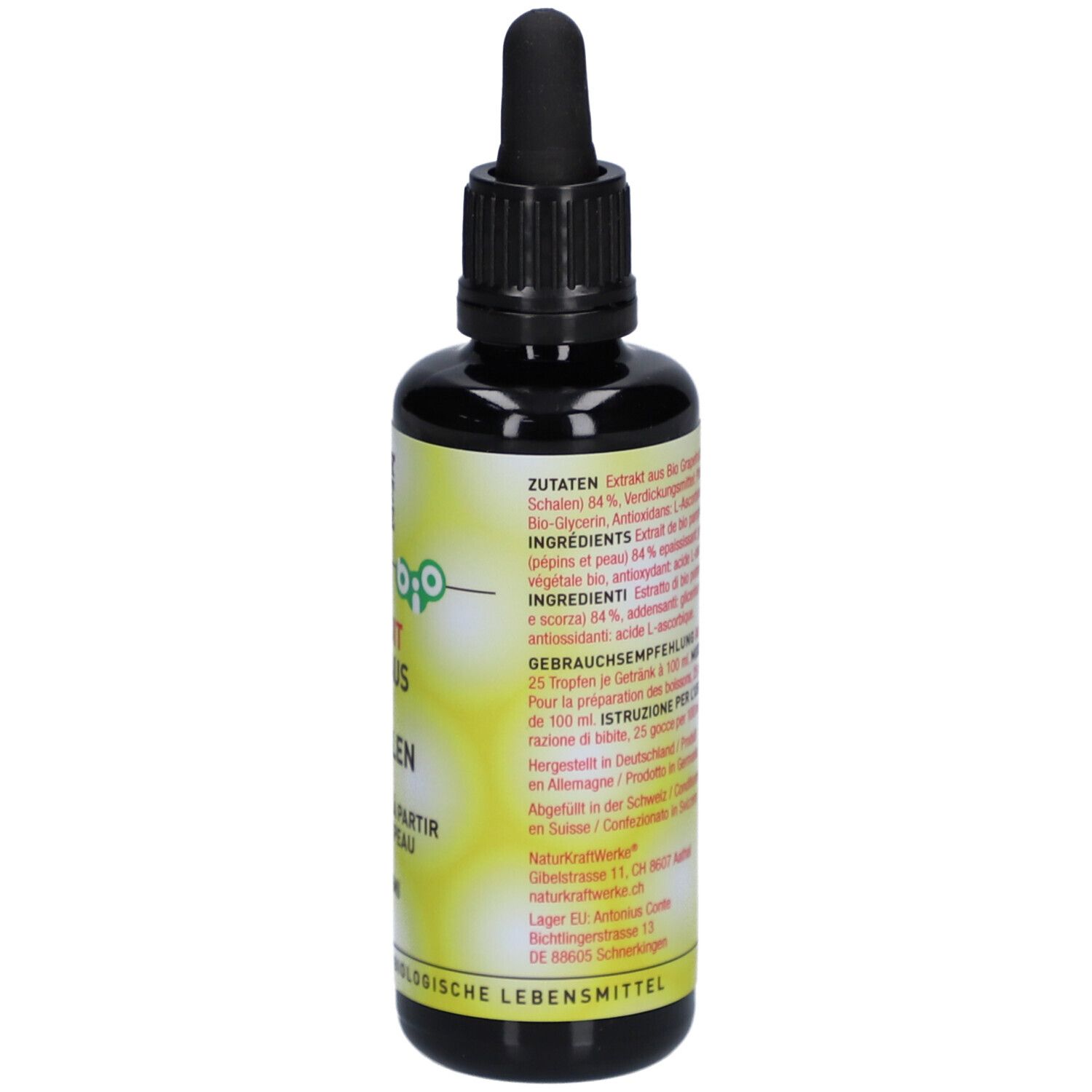 Braune Glasflasche mit schwarzem Deckel. Rückseite mit Produktinformationen und Bio-Siegel.
