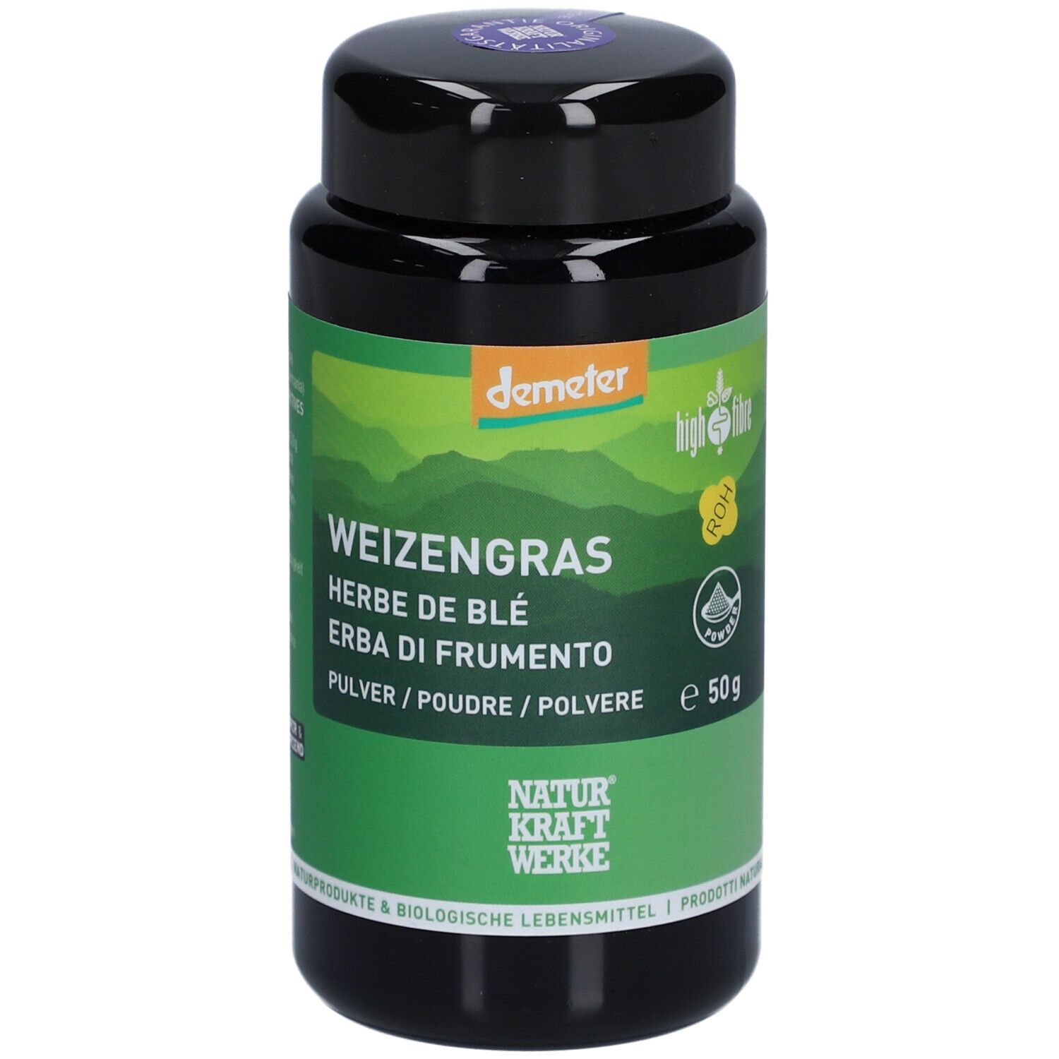 Schwarze Dose mit grünem Etikett. Aufschrift: Weizengras, Demeter-Logo, 50g. Naturkraftwerke.