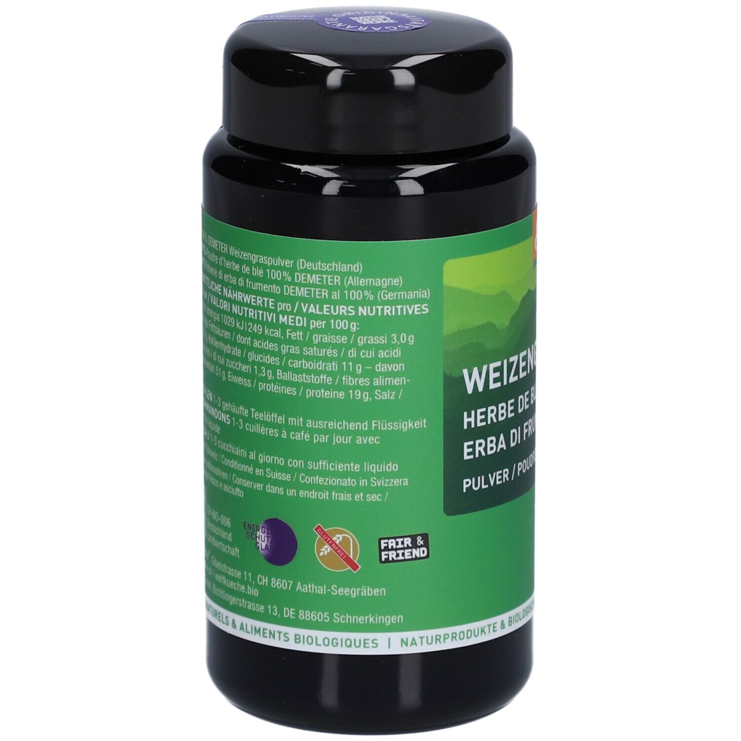 Schwarze Dose mit grünem Etikett. Rückseite mit Text und Nährwertangaben. Demeter-Logo, Naturkraftwerke.