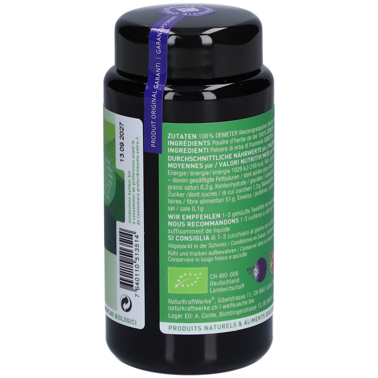 Schwarze Dose mit grünem Etikett. Rückseite mit Text, Haltbarkeitsdatum 13.09.2027. Demeter-Logo, Naturkraftwerke.