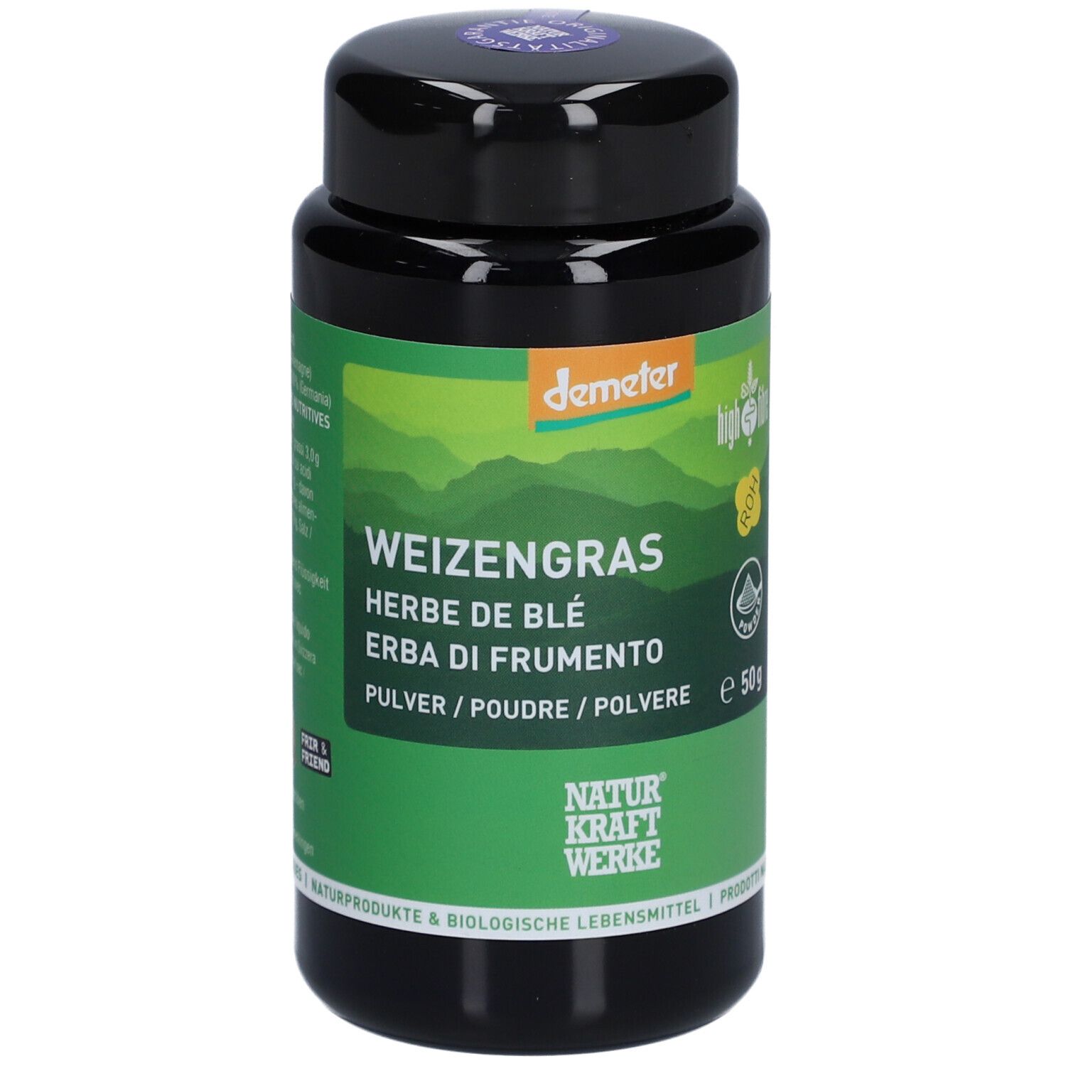 Schwarze Dose mit grünem Etikett. Aufschrift: Weizengras, Demeter-Logo, 50g. Naturkraftwerke.
