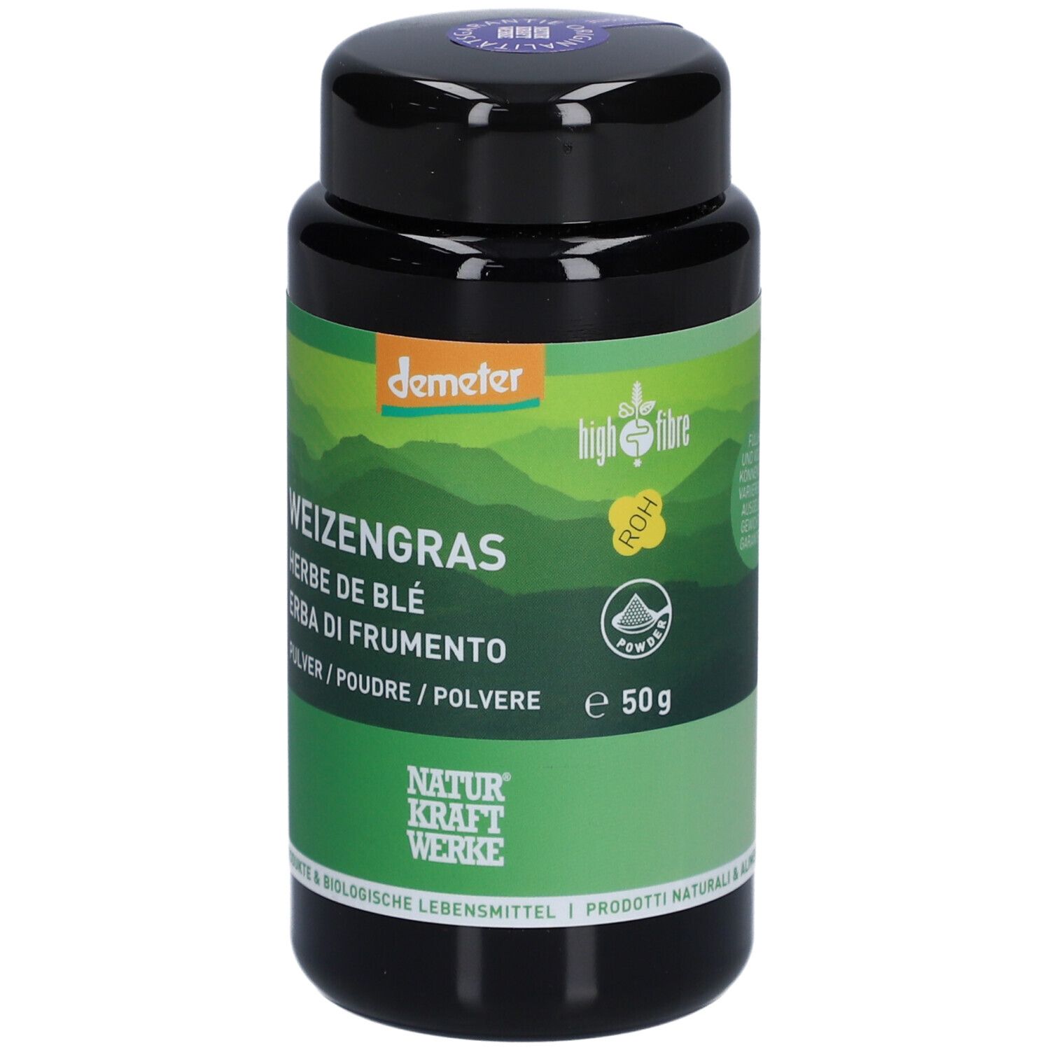 Schwarze Dose mit grünem Etikett. Aufschrift: Weizengras, Demeter-Logo, 50g. Naturkraftwerke.