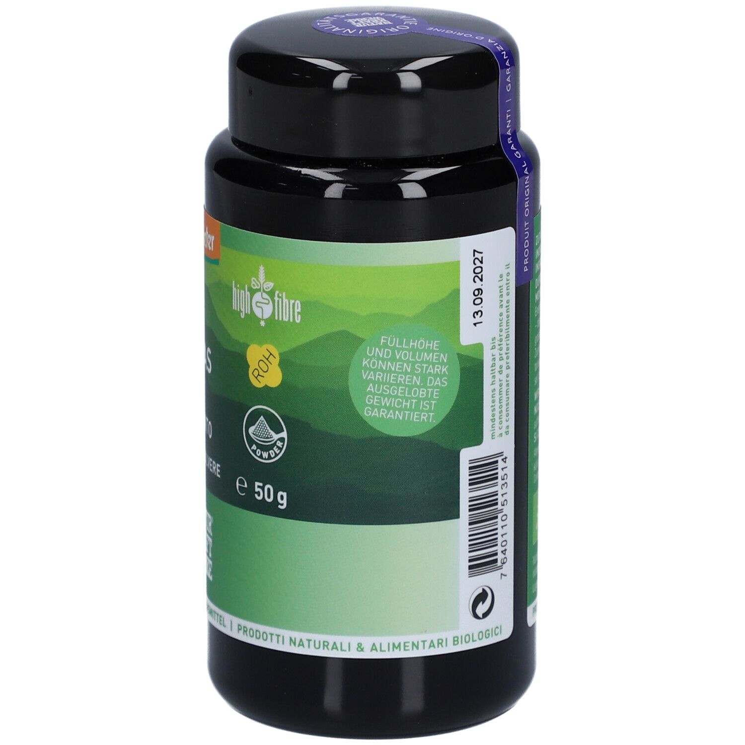 Schwarze Dose mit grünem Etikett. Aufschrift: Weizengras, Demeter-Logo, 50g. Naturkraftwerke.