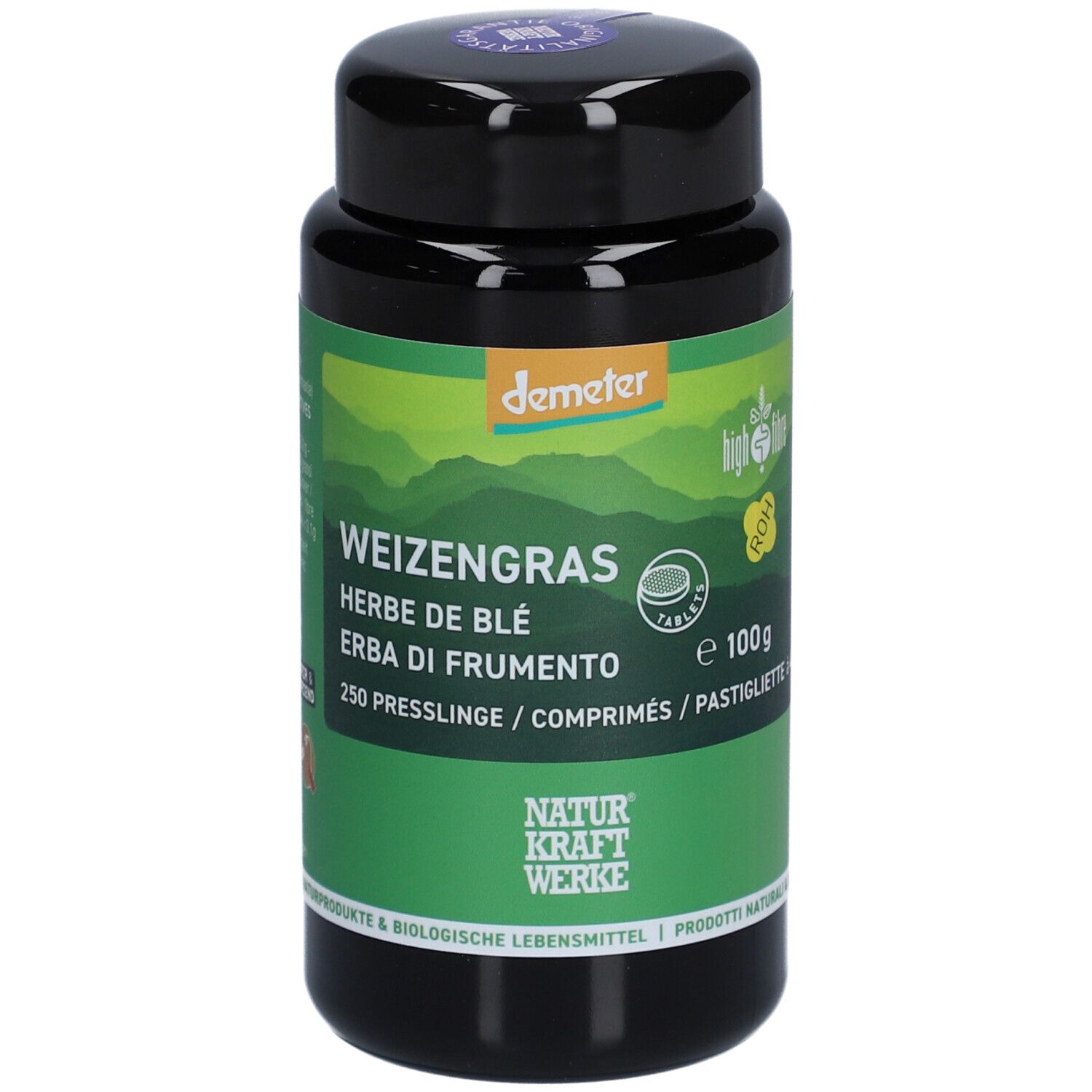 Schwarze Dose mit grünem Etikett. Aufschrift: Weizengras, Demeter-Siegel, 250 Presslinge.