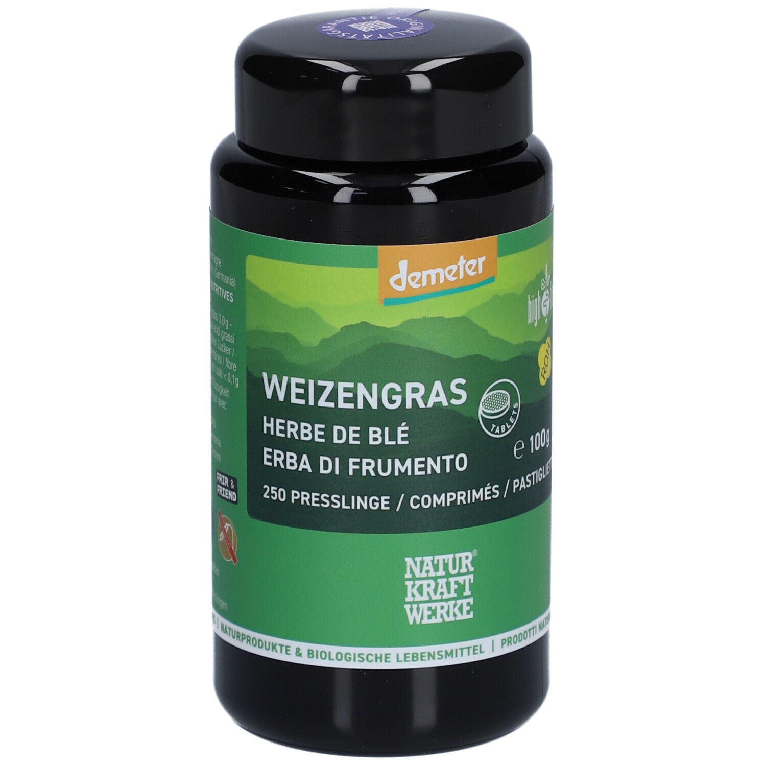 Schwarze Dose mit grünem Etikett. Aufschrift: Weizengras, Demeter-Siegel, 250 Presslinge.
