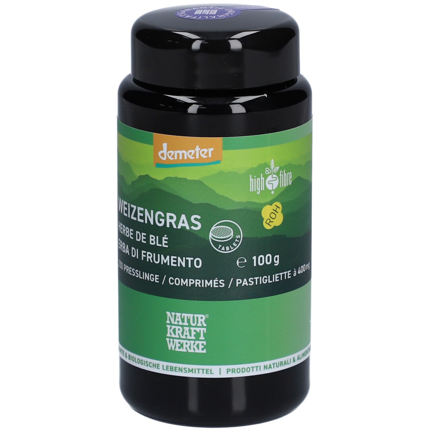 Schwarze Dose mit grünem Etikett. Aufschrift: Weizengras, Demeter-Siegel, 250 Presslinge, 100g.