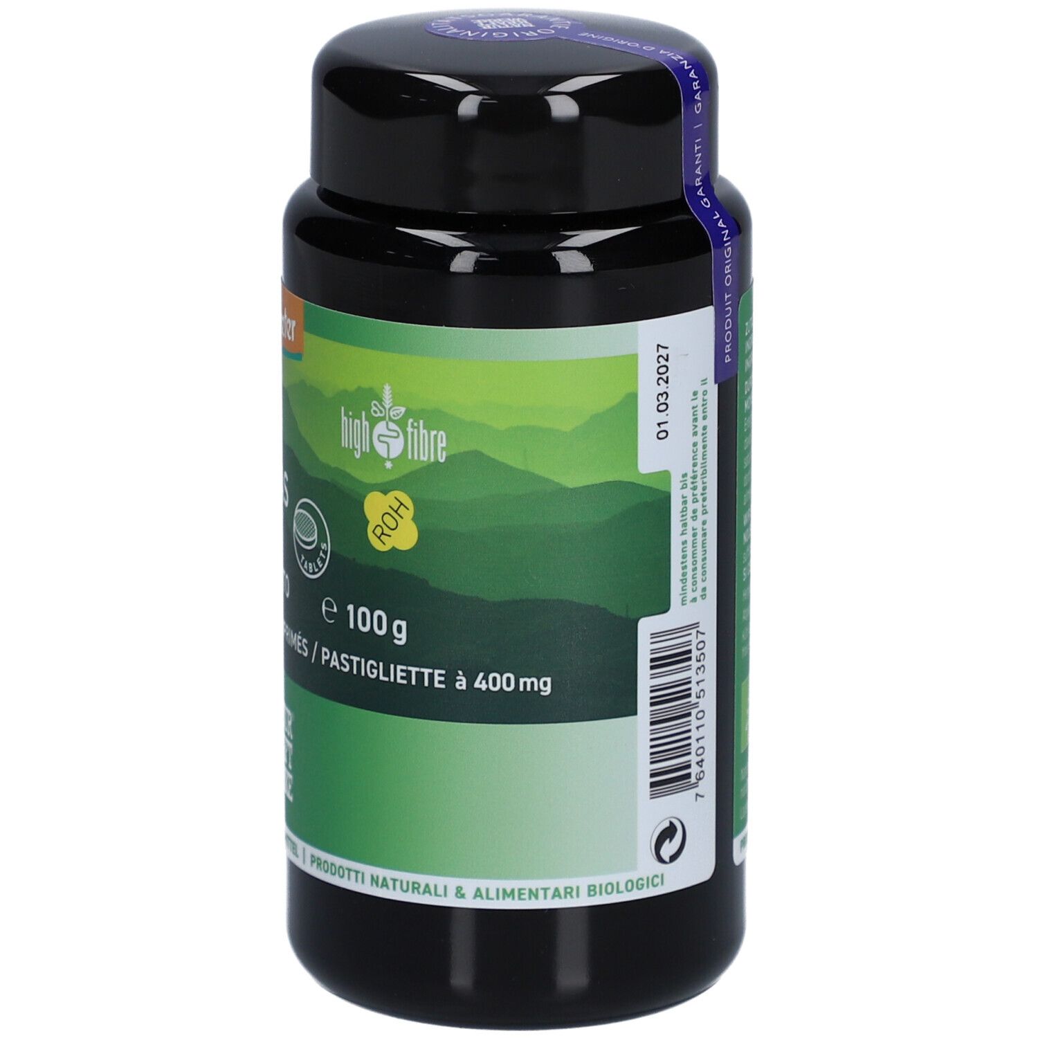 Schwarze Dose mit grünem Etikett. Aufschrift: Weizengras, Demeter-Siegel, 250 Presslinge, 100g.