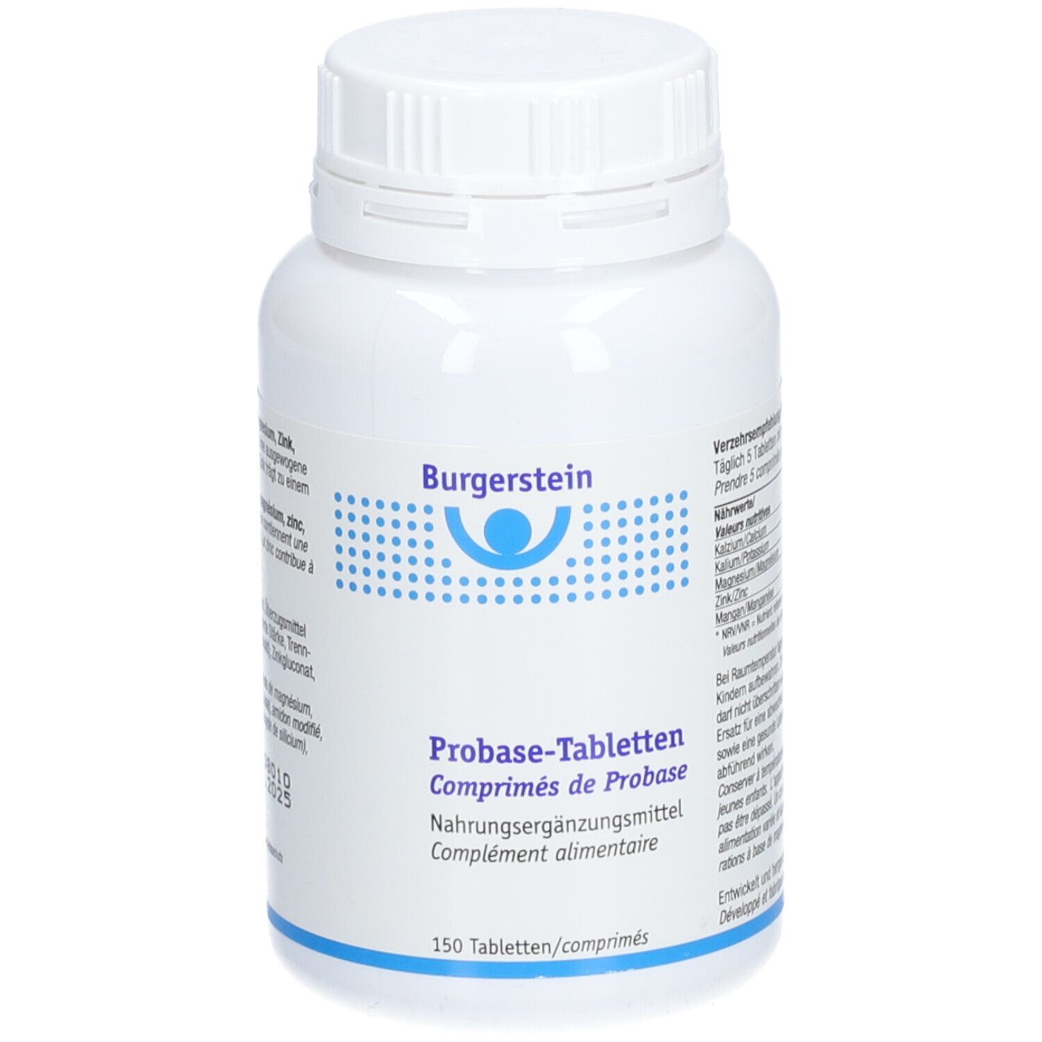 Weiße Flasche mit Burgerstein Probase-Tabletten. Aufschrift: Nahrungsergänzungsmittel. 150 Tabletten.