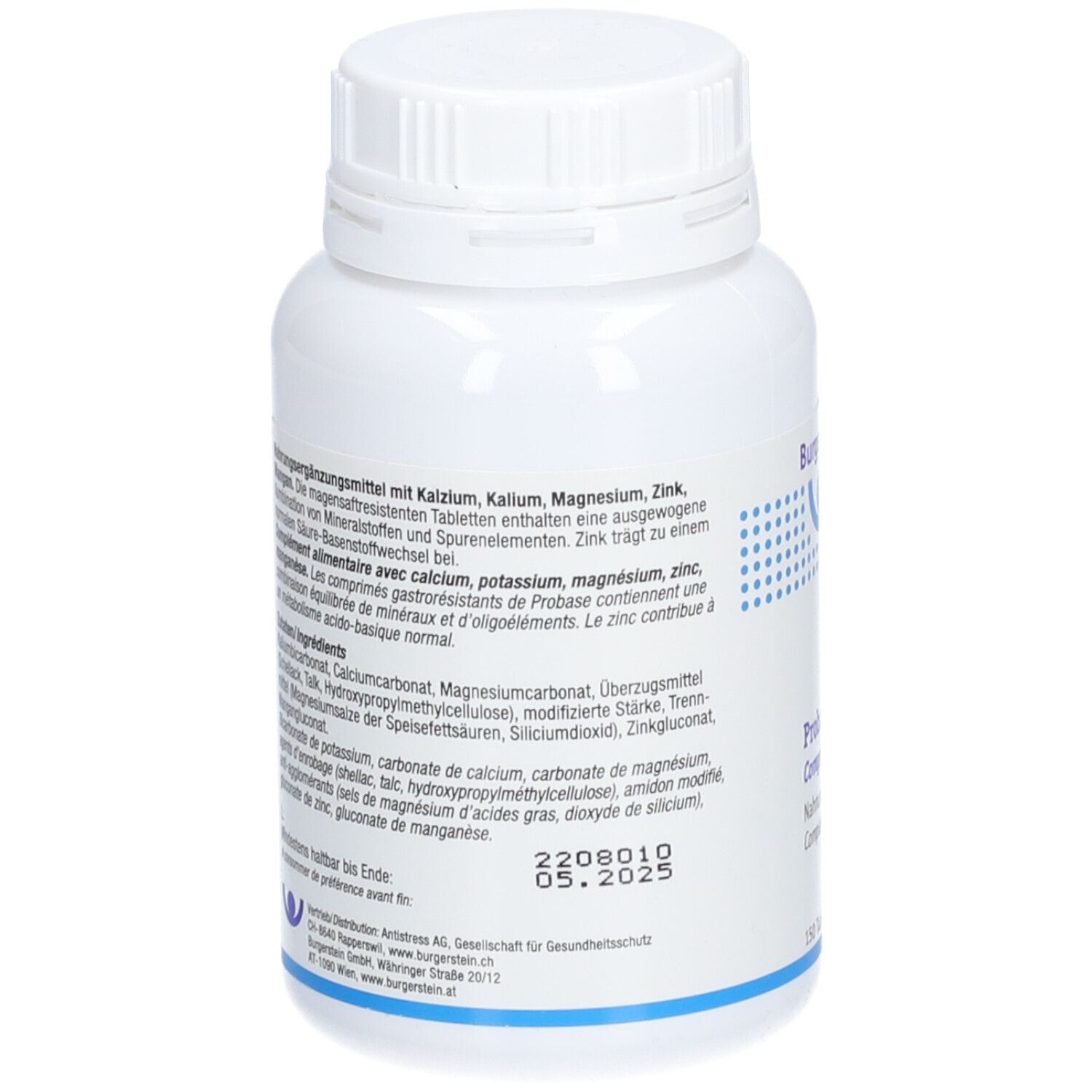 Rückseite der weißen Flasche mit Burgerstein Probase-Tabletten. Text über Inhaltsstoffe und Hersteller.
