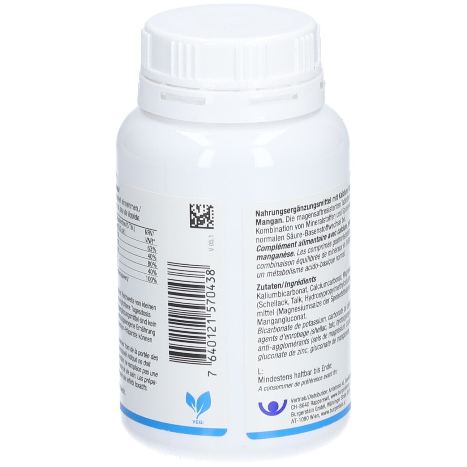 Rückseite der weißen Flasche mit Burgerstein Probase-Tabletten. Text und Barcode.