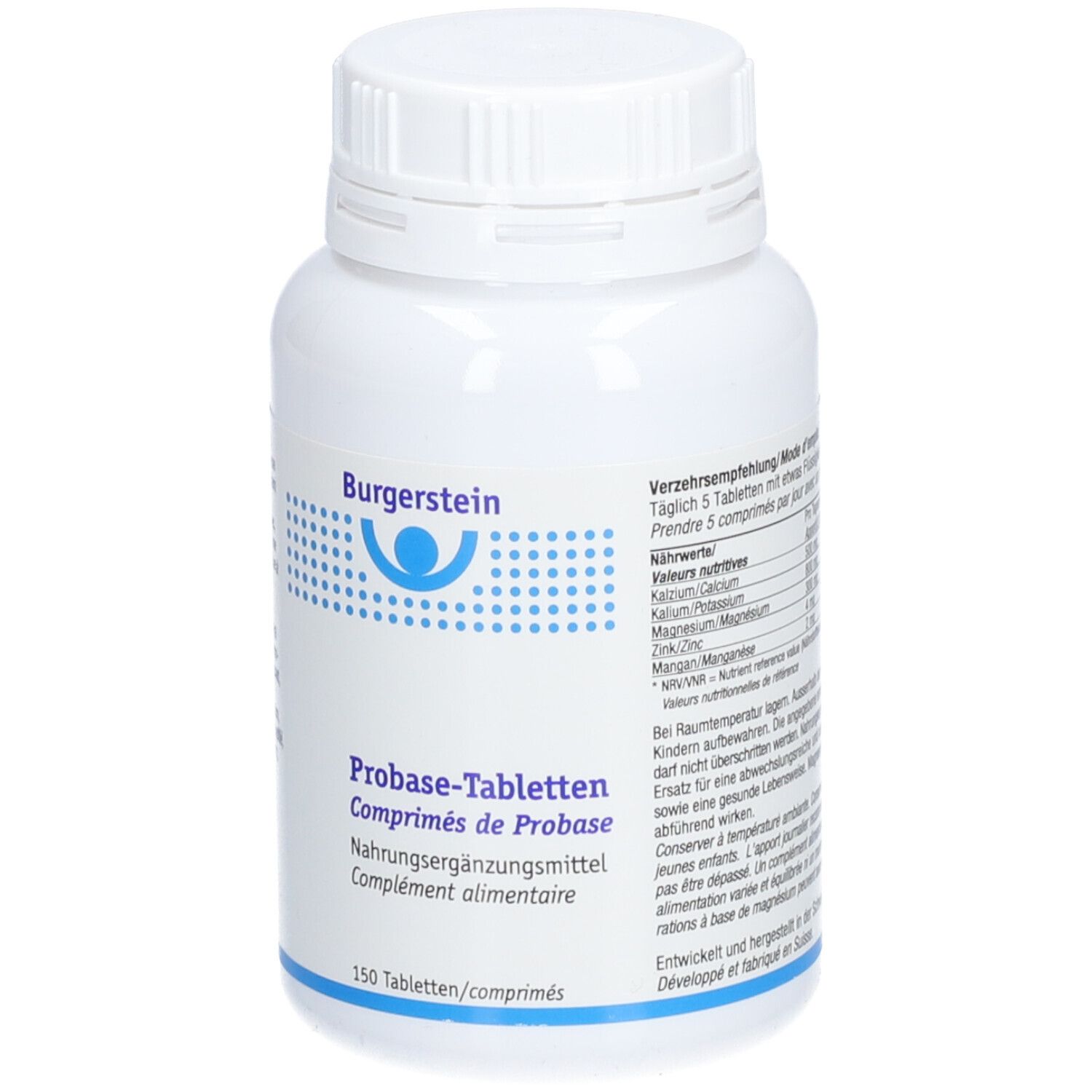 Weiße Flasche mit Burgerstein Probase-Tabletten. Aufschrift: Nahrungsergänzungsmittel. 150 Tabletten.