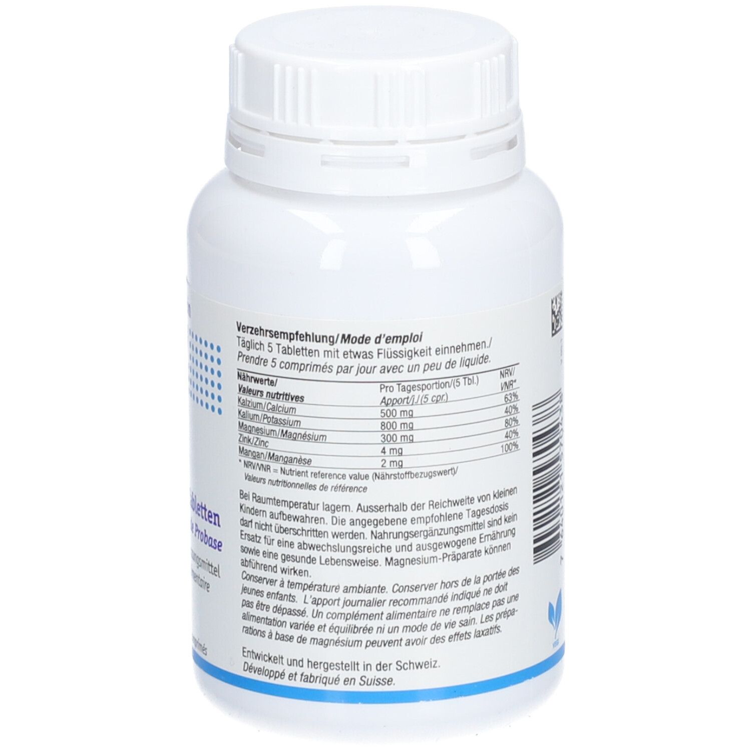 Rückseite der weißen Flasche mit Burgerstein Probase-Tabletten. Nährwertangaben und Anwendung.