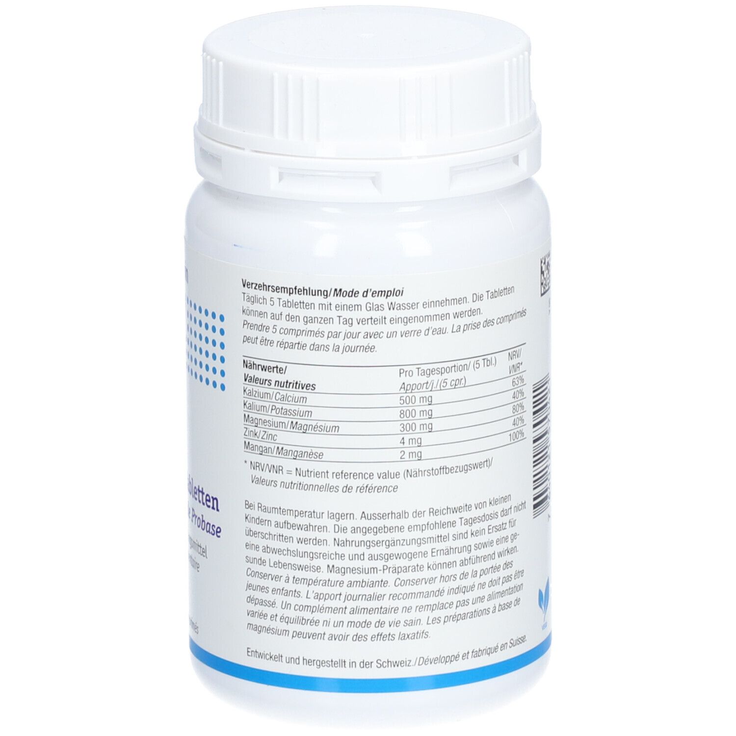 Dos du flacon blanc. Texte: informations nutritionnelles, posologie, conseils de stockage. Informations du fabricant.