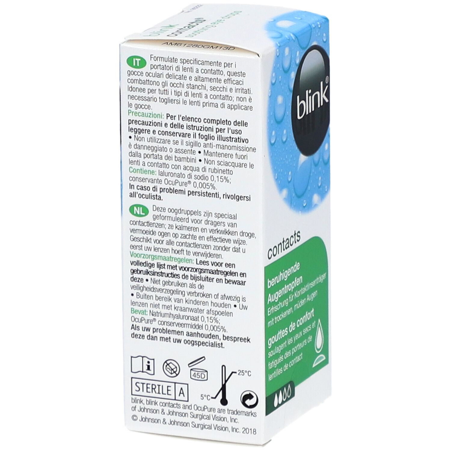 Rückseite der Verpackung von blink® contacts. Text in Deutsch, Französisch, Italienisch und Niederländisch. Produktinformationen.