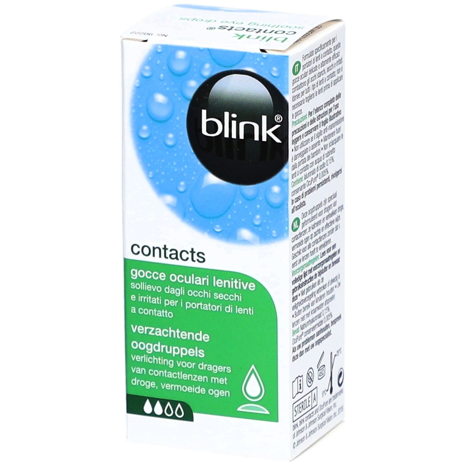 Verpackung von blink® contacts. Gocce oculari lenitive. Text in Deutsch, Französisch, Italienisch und Niederländisch. Produktbezeichnung.