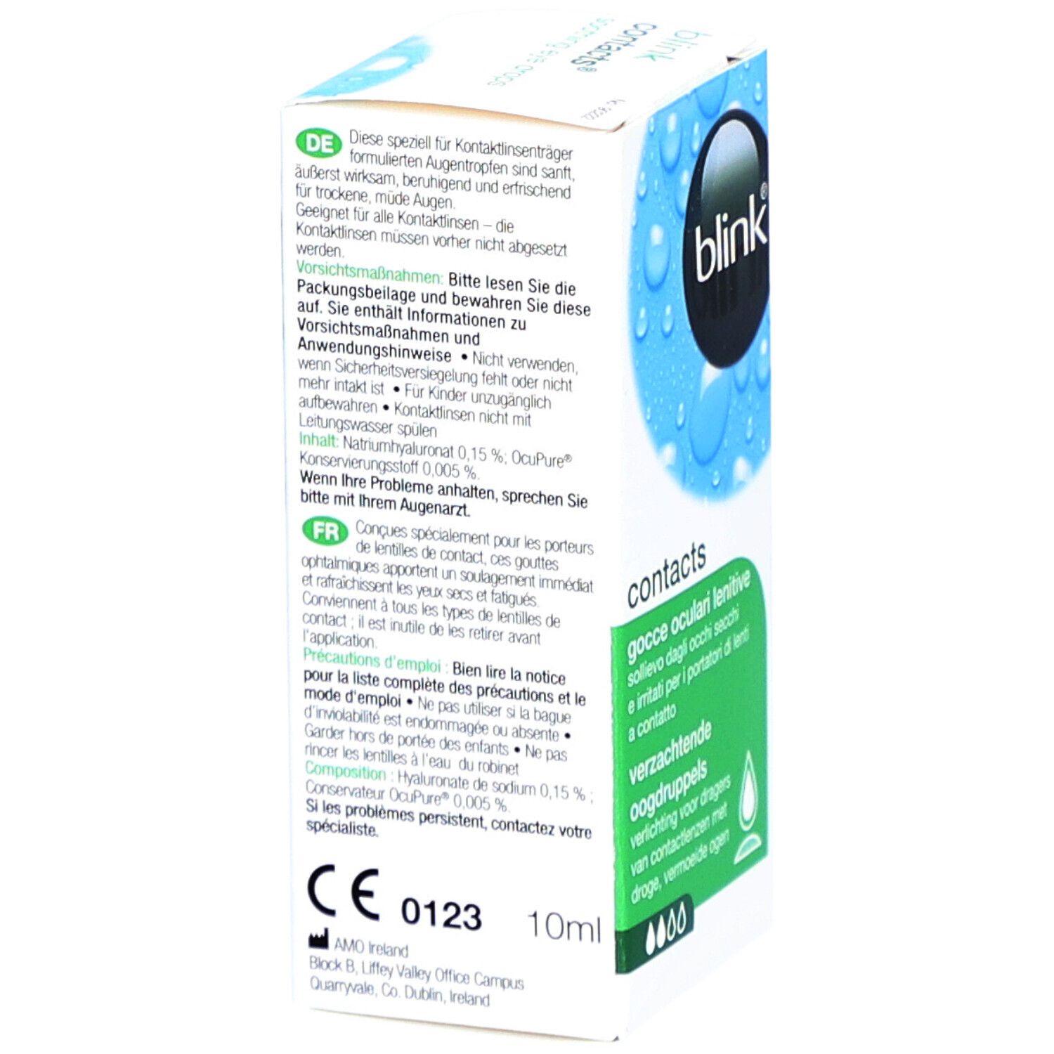 Verpackung von blink® contacts. Text in Deutsch, Französisch, Italienisch und Niederländisch. Produktinformationen. CE-Kennzeichnung.