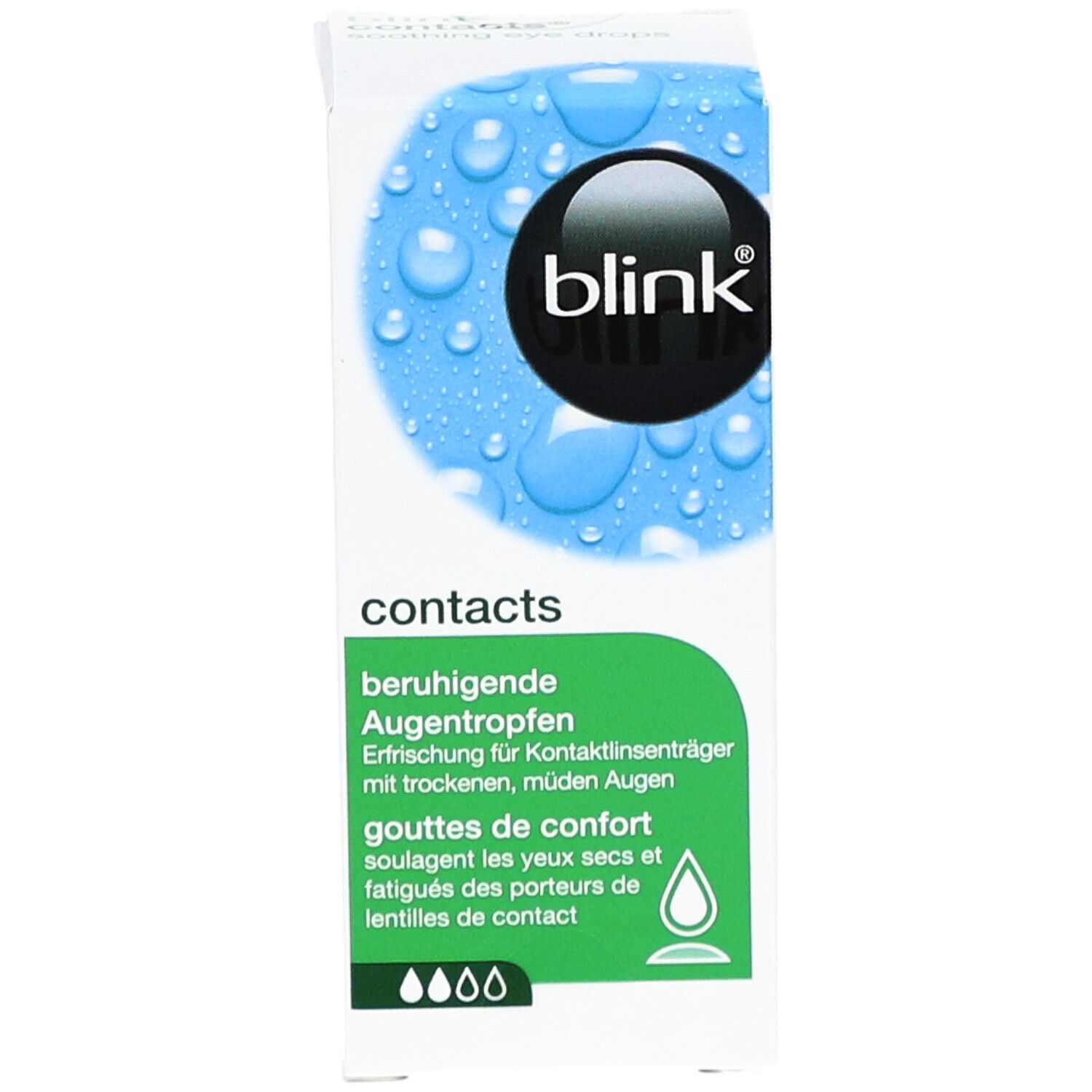 Verpackung von blink® contacts. Beruhigende Augentropfen. Tropfen-Symbol. Marke und Produktbezeichnung.