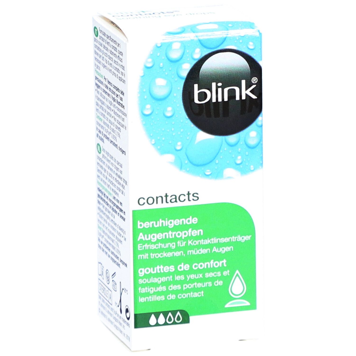 Verpackung von blink® contacts. Beruhigende Augentropfen. Tropfen-Symbol. Marke und Produktbezeichnung.