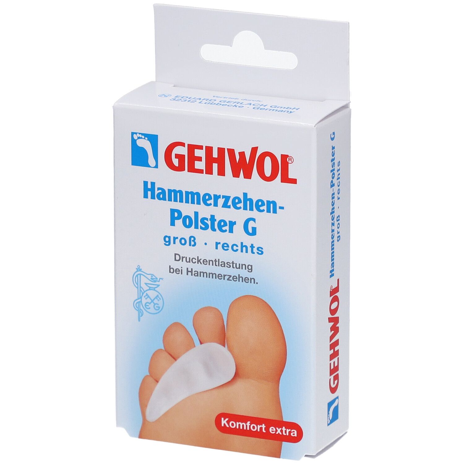 Verpackung von GEHWOL Hammerzehen-Polster G. Produktabbildung mit Fuß und Polster. Text: groß, rechts, Druckentlastung.