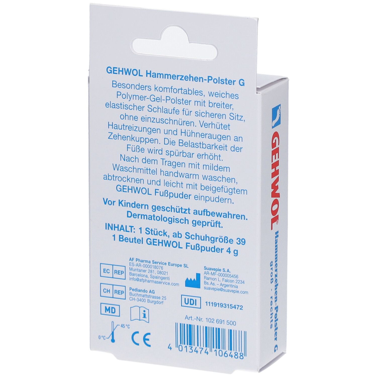 Rückseite der GEHWOL Hammerzehen-Polster G Verpackung. Textinformationen und Inhaltsangabe. CE-Kennzeichnung.