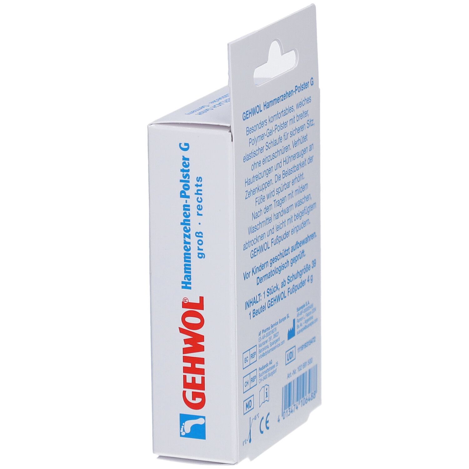 Seitenansicht der GEHWOL Hammerzehen-Polster G Verpackung. Produktname und Logo sichtbar. Aufhängelasche oben.