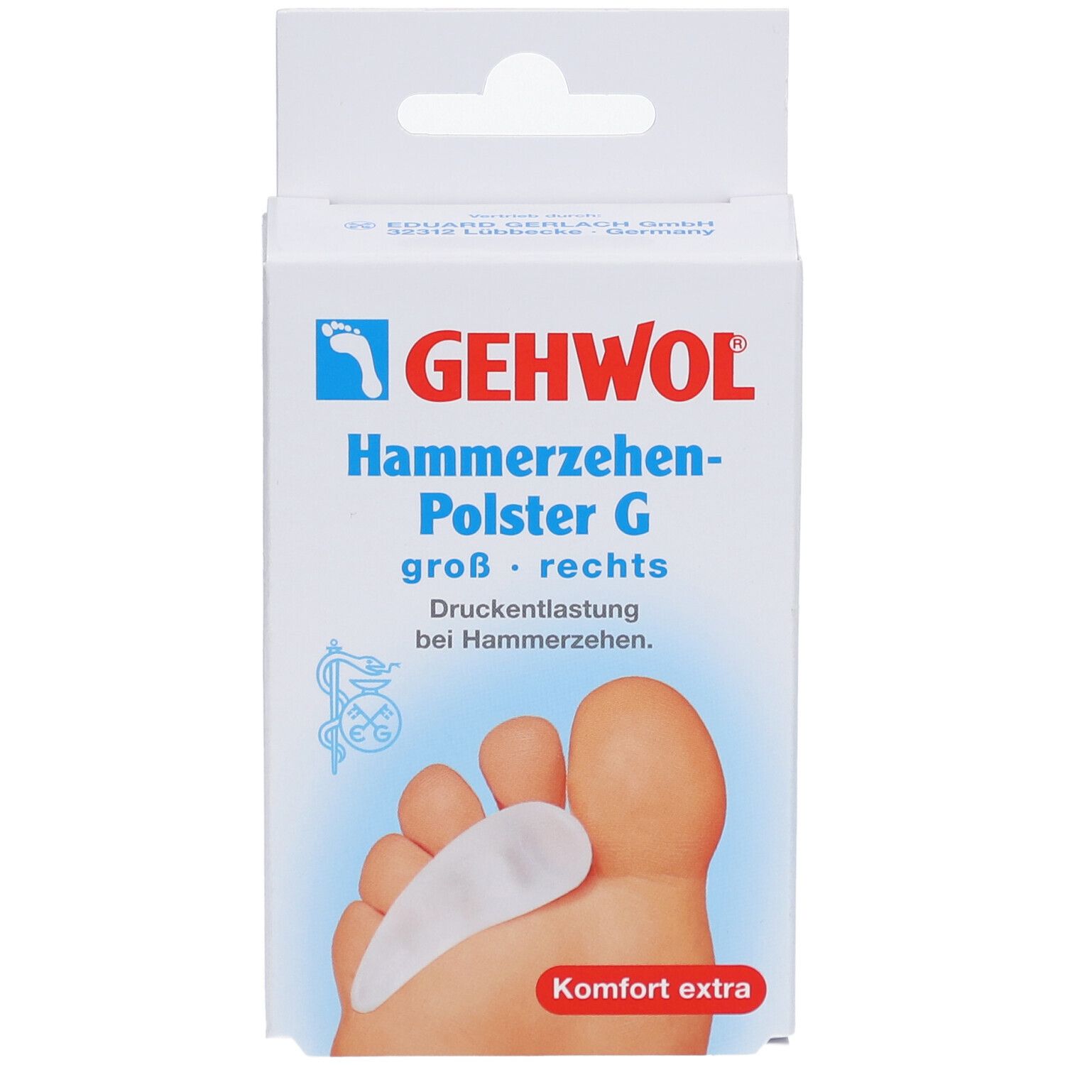 GEHWOL Hammerzehen-Polster G Verpackung. Produktabbildung mit Fuß und Polster. Text: groß, rechts, Druckentlastung.