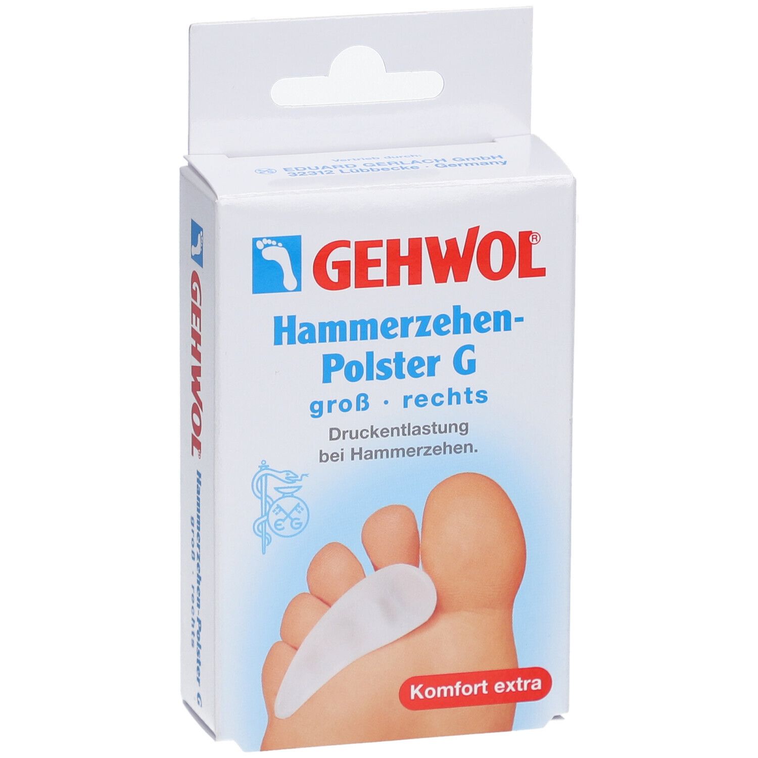GEHWOL Hammerzehen-Polster G Verpackung. Produktabbildung mit Fuß und Polster. Text: groß, rechts, Druckentlastung.