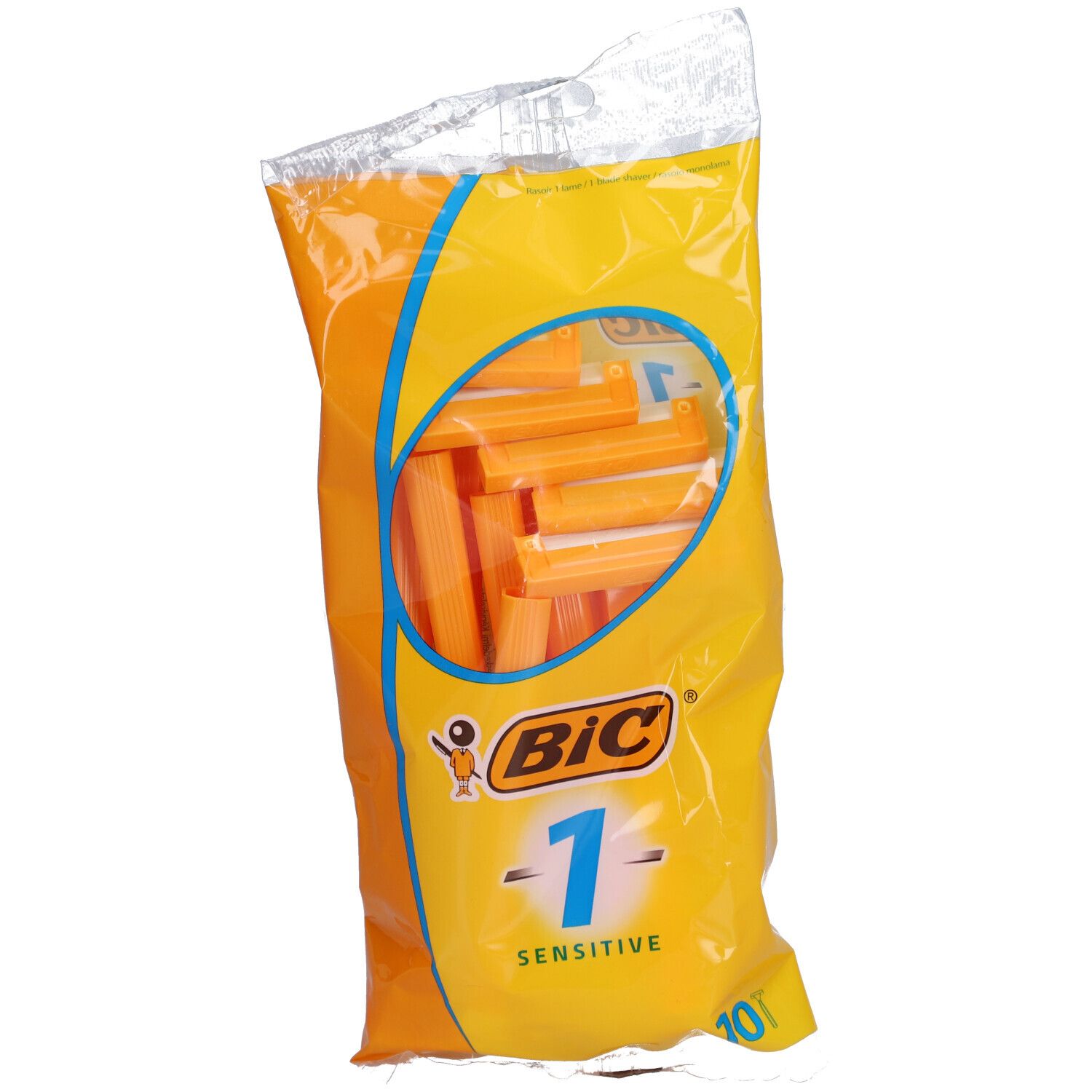Paquet de rasoirs jetables orange. Logo "BiC" et texte "1 Sensitive" sur fond jaune.