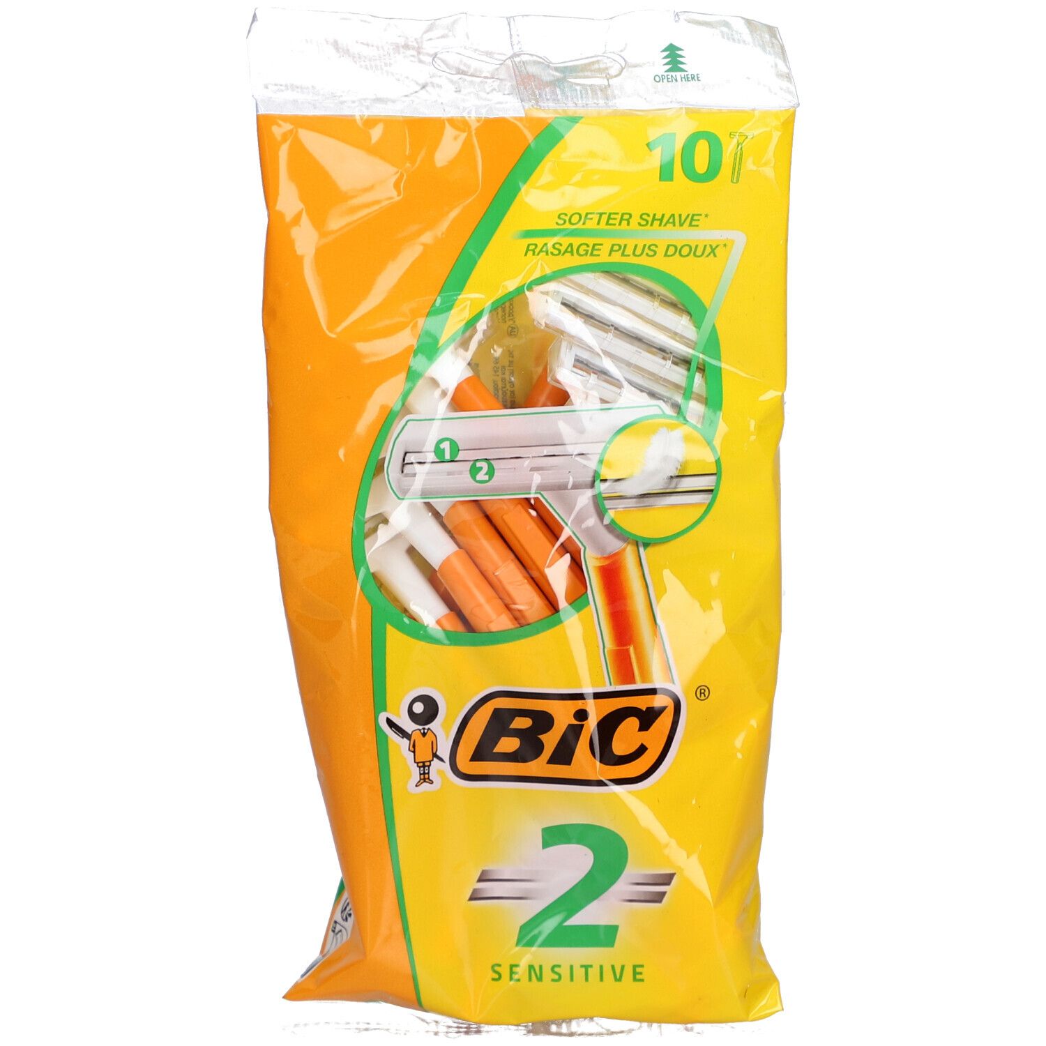Verpackung mit Rasierern. Gelb-orangefarbene Folie mit Produktabbildung und "BiC"-Logo. "2 Sensitive" und "10" sichtbar.