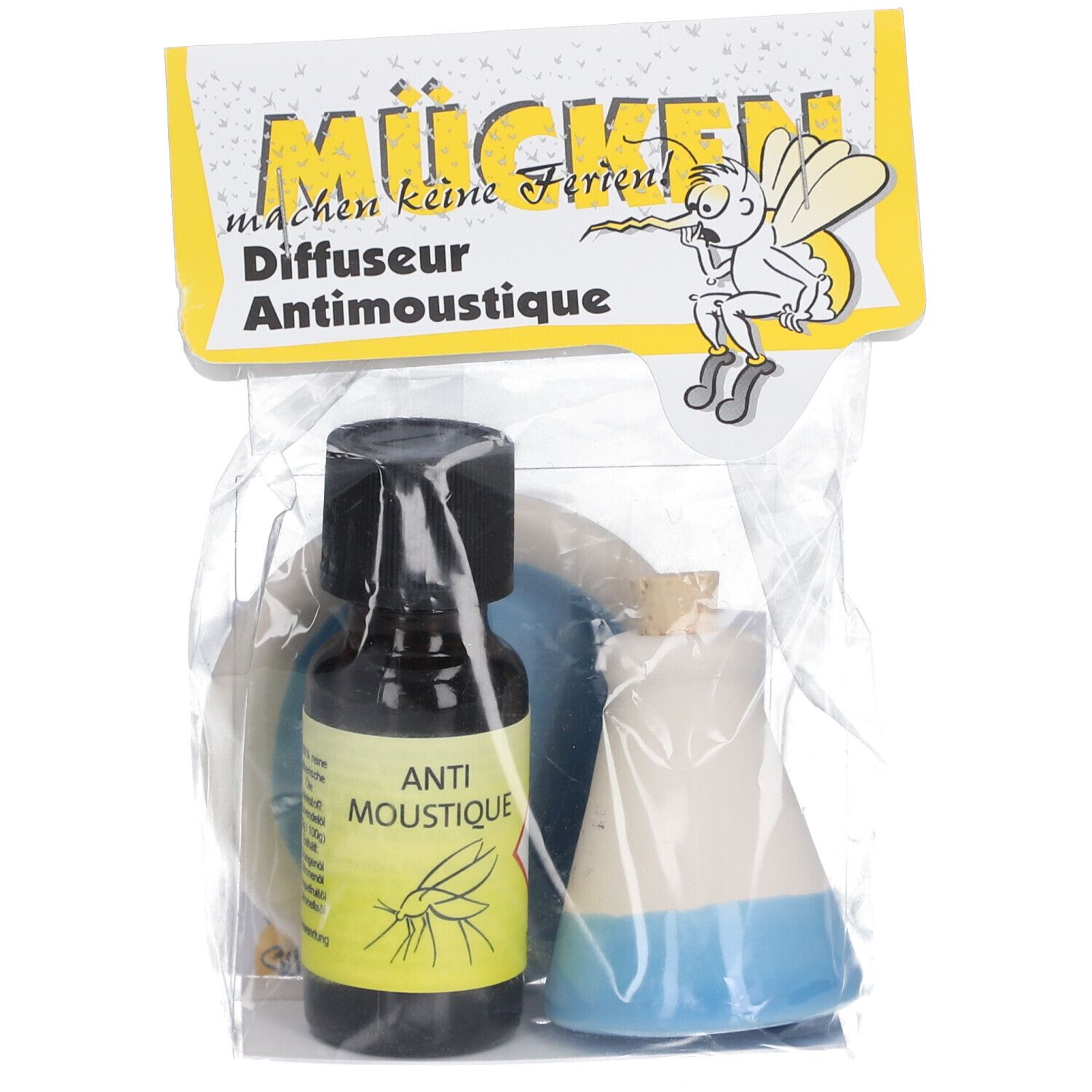 Set mit ätherischem Öl. Flasche mit Aufschrift 'Anti Moustique'. Diffusor und Zubehör in transparenter Verpackung.