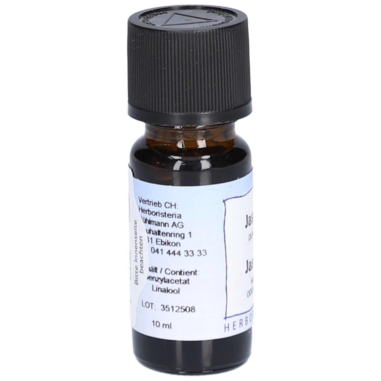 Braune Glasflasche mit schwarzem Deckel. Etikett mit Informationen und "10 ml". Marke: HERBORISTERIA.