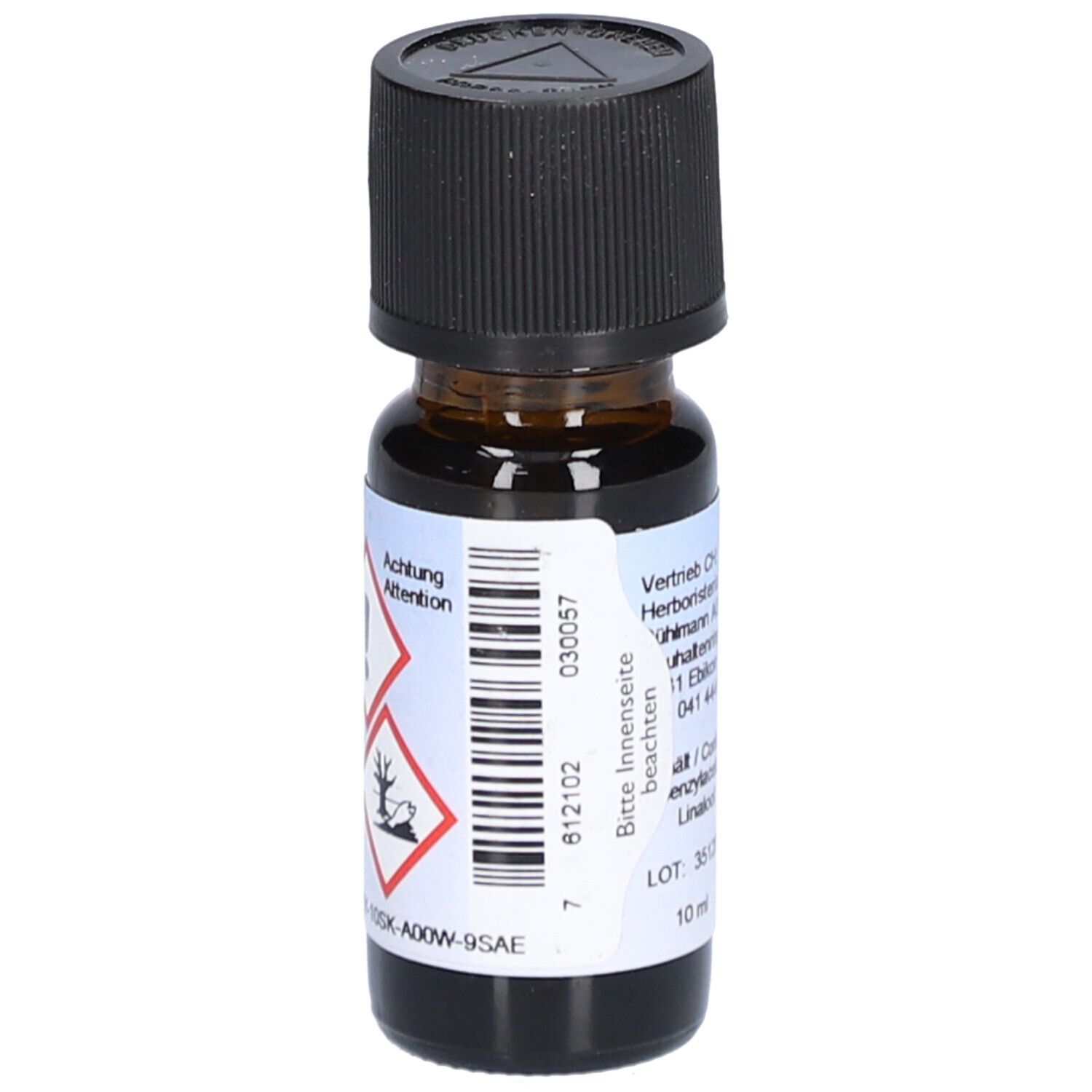 Braune Glasflasche mit schwarzem Deckel. Etikett mit Gefahrensymbolen und Barcode. Marke: HERBORISTERIA.