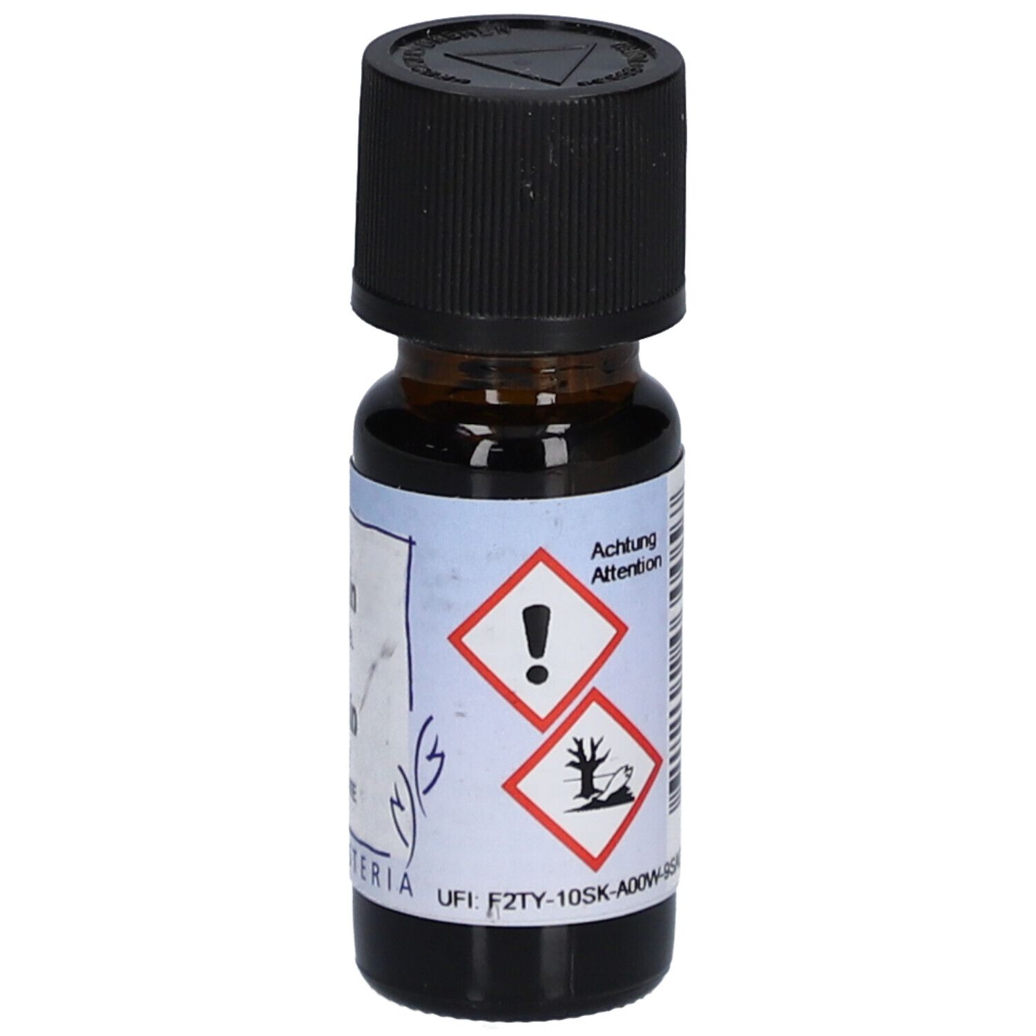 Braune Glasflasche mit schwarzem Deckel. Etikett mit Gefahrensymbolen. Marke: HERBORISTERIA.