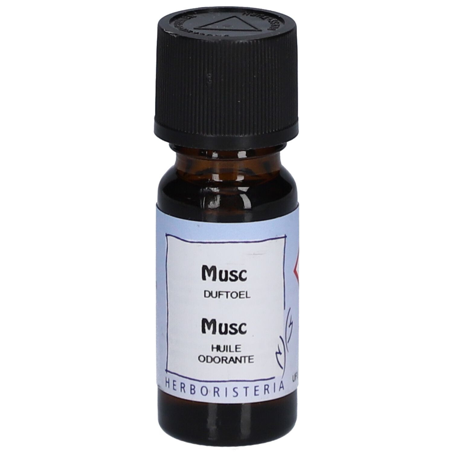 Braune Glasflasche mit schwarzem Deckel. Etikett mit "Musc" und "HERBORISTERIA".