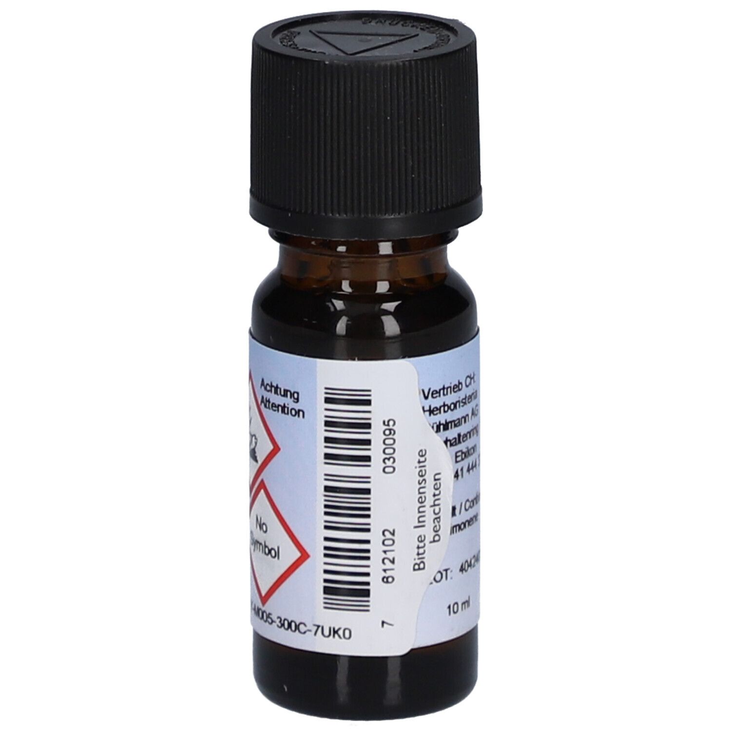 Braune Glasflasche mit schwarzem Deckel. Etikett mit Warnsymbolen und Barcode.
