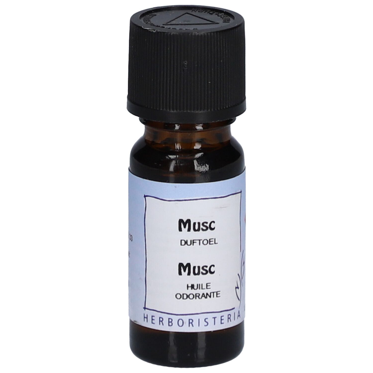 Braune Glasflasche mit schwarzem Deckel. Etikett mit "Musc" und "HERBORISTERIA".