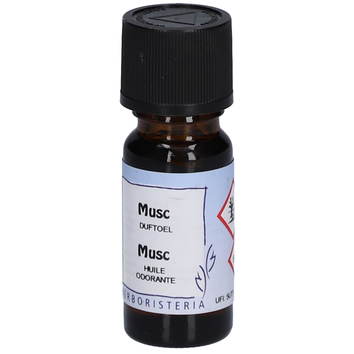 Braune Glasflasche mit schwarzem Deckel. Etikett mit "Musc", "HERBORISTERIA" und Gefahrensymbolen.