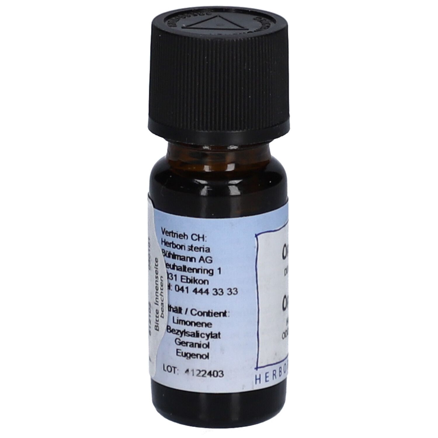 Braune Glasflasche mit schwarzem Deckel. Etikett mit Inhaltsstoffen und Adresse von Herboristeria.