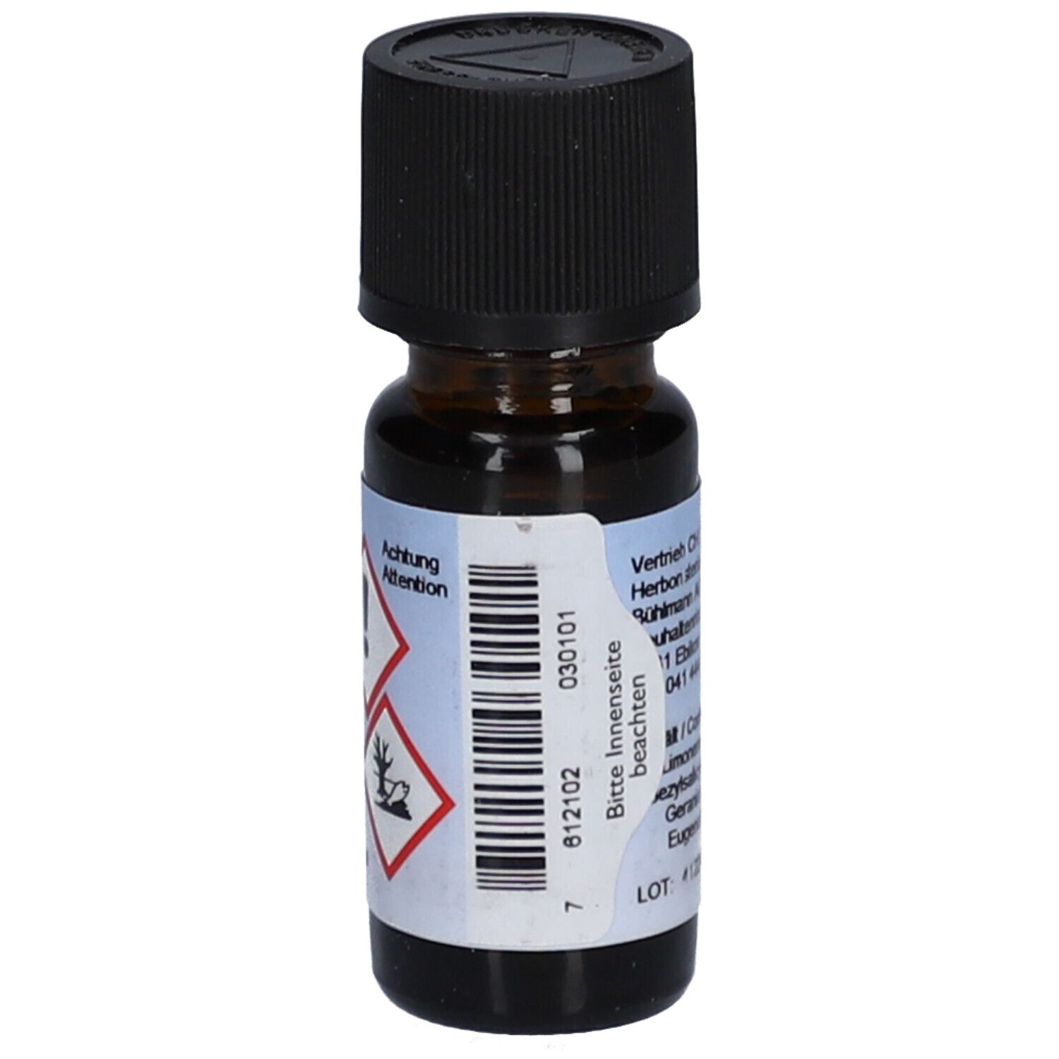 Braune Glasflasche mit schwarzem Deckel. Etikett mit Gefahrensymbolen und Barcode.